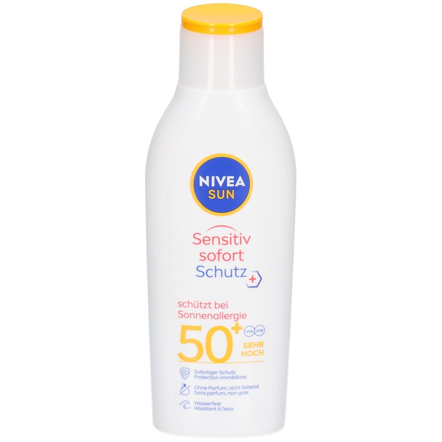 Weiße Flasche mit gelbem Deckel. Blaue und gelbe Etiketten mit Produktinformationen und Logo. Text: NIVEA SUN, Sensitiv Sofort Schutz LSF 50+.