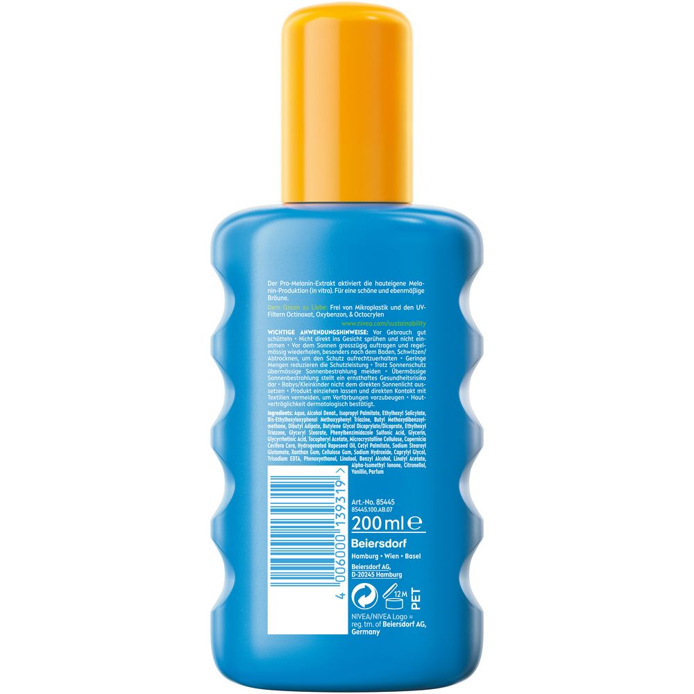 NIVEA SUN Spray Protection & Bronzage SPF 30, dos avec code-barres et informations produit.