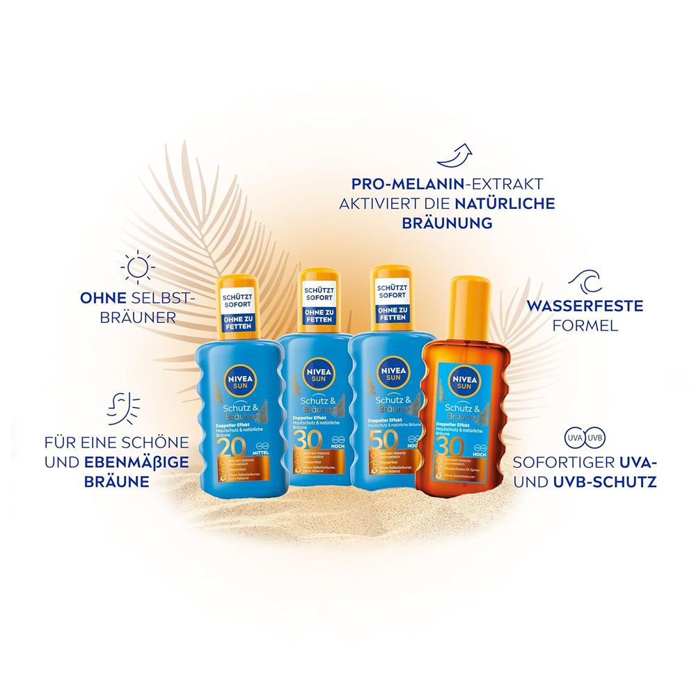 Sprays NIVEA SUN Protection & Bronzage en différents FPS, avec indications sur le bronzage et la protection.