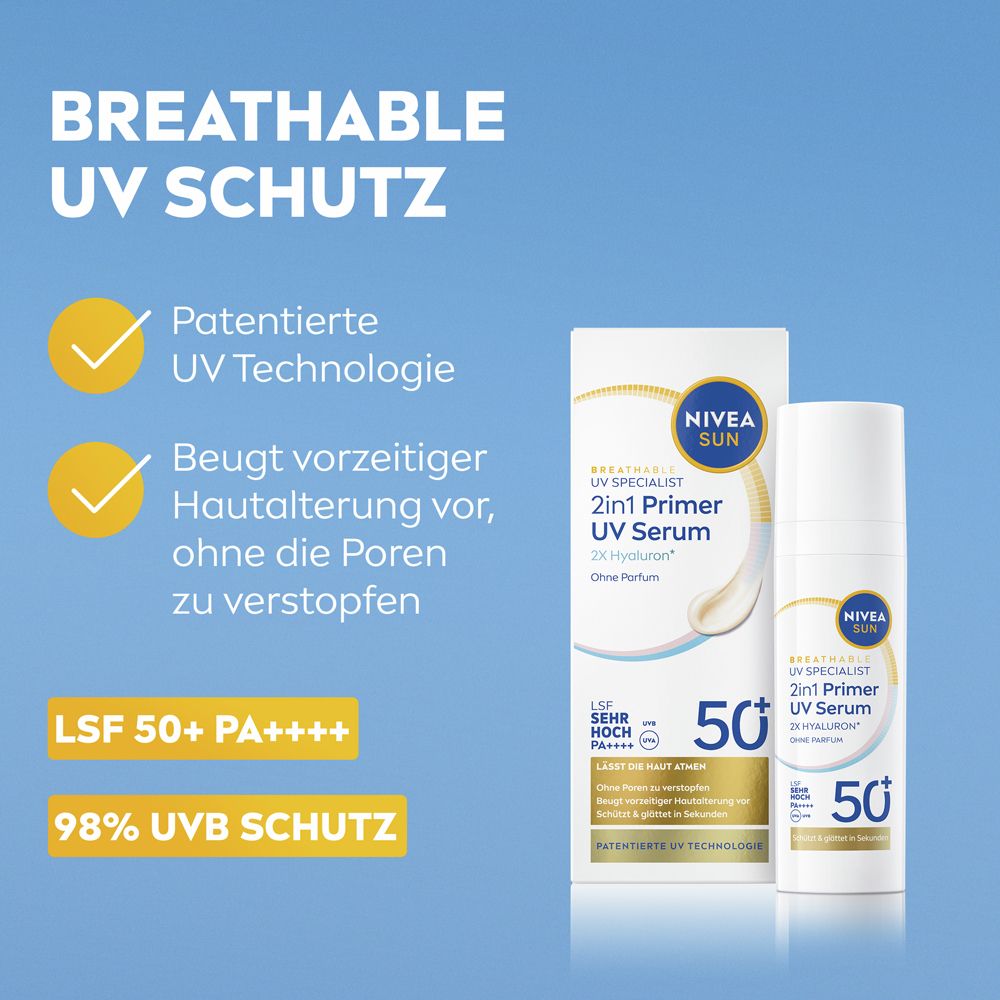 NIVEA SUN 2in1 Primer UV Serum LSF 50+. Patentierte UV Technologie, lässt Haut atmen.