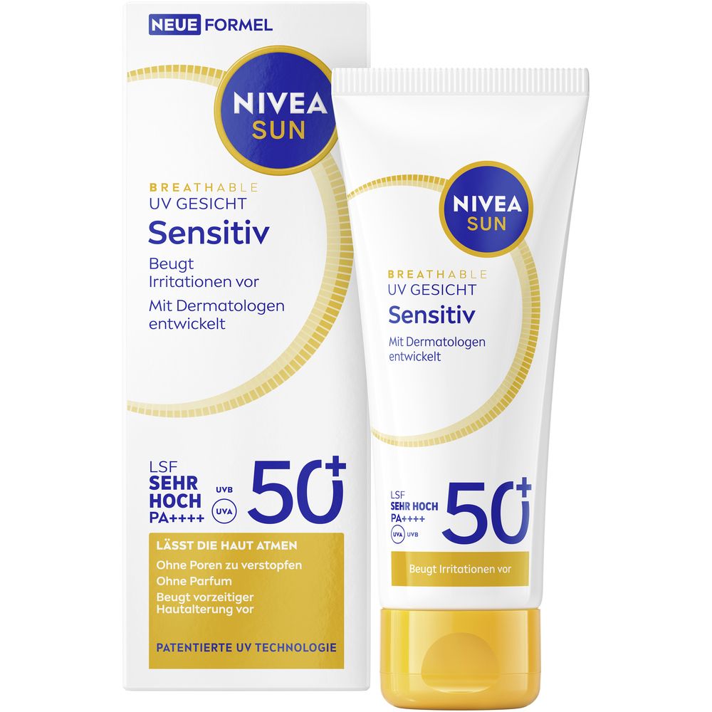 NIVEA SUN Visage Sensible, tube et emballage. FPS 50+. Protège des irritations. Développé avec des dermatologues.