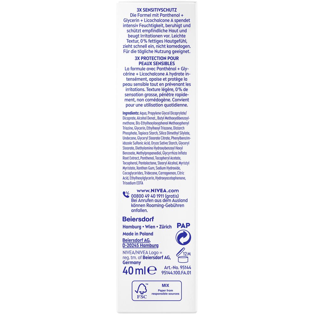 Dos de l'emballage. Ingrédients, informations fabricant, 40ml, label FSC, symbole 12M.