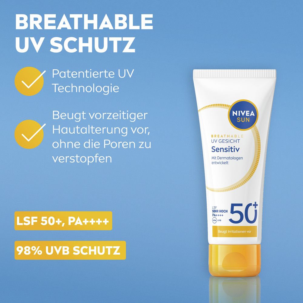 Tube NIVEA SUN Visage Sensible. FPS 50+, PA++++. Protège du vieillissement cutané, n'obstrue pas les pores.