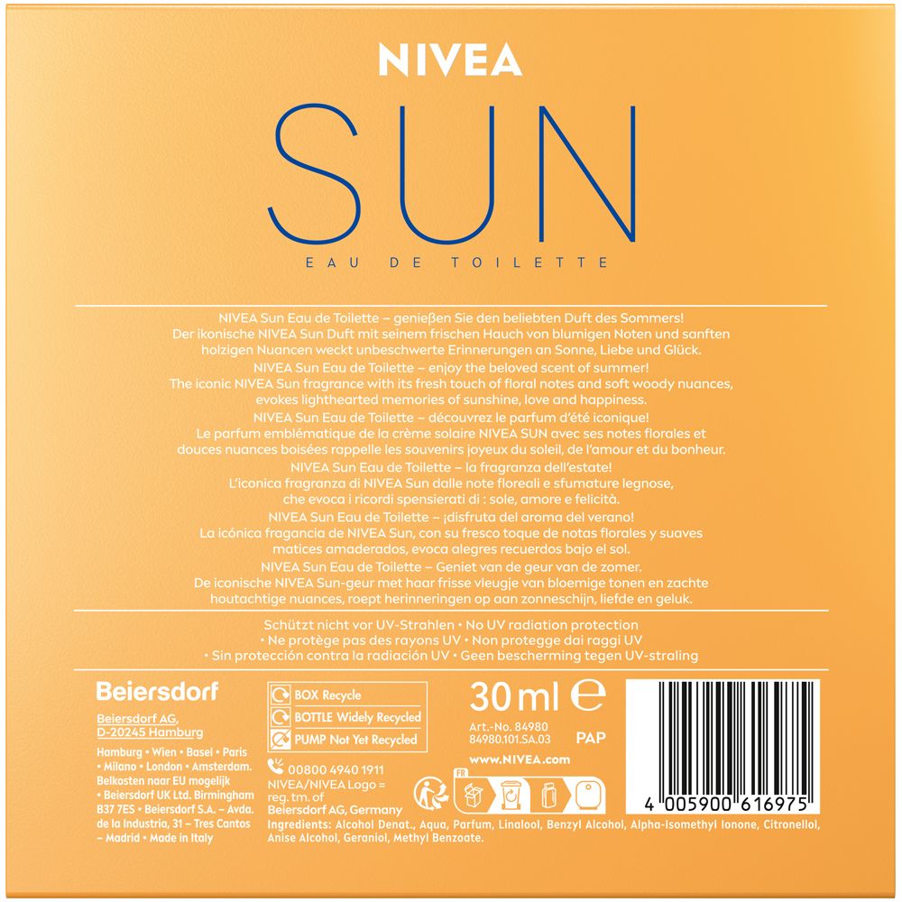 Rückseite der NIVEA SUN Eau de Toilette Geschenkbox mit Produktinformationen und 30ml Angabe.