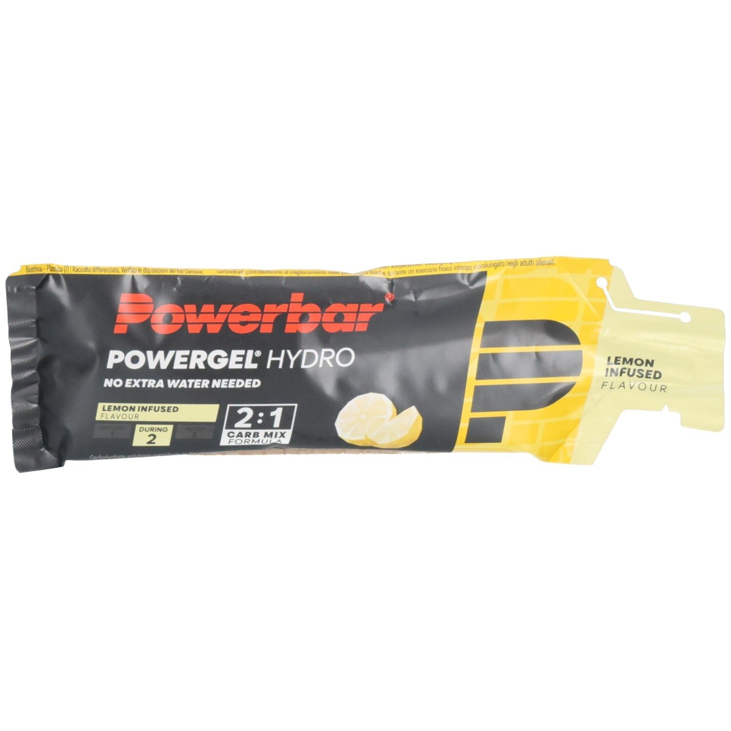 Gel-Packung mit gelbem und schwarzem Design. Aufschrift Powerbar Powergel Hydro, Zitrone. 2:1 Carb Mix. Zitrone-Geschmack.