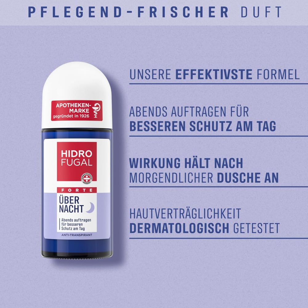 Déodorant roll-on Hidrofugal Forte Über Nacht avec texte sur "Notre formule la plus efficace".