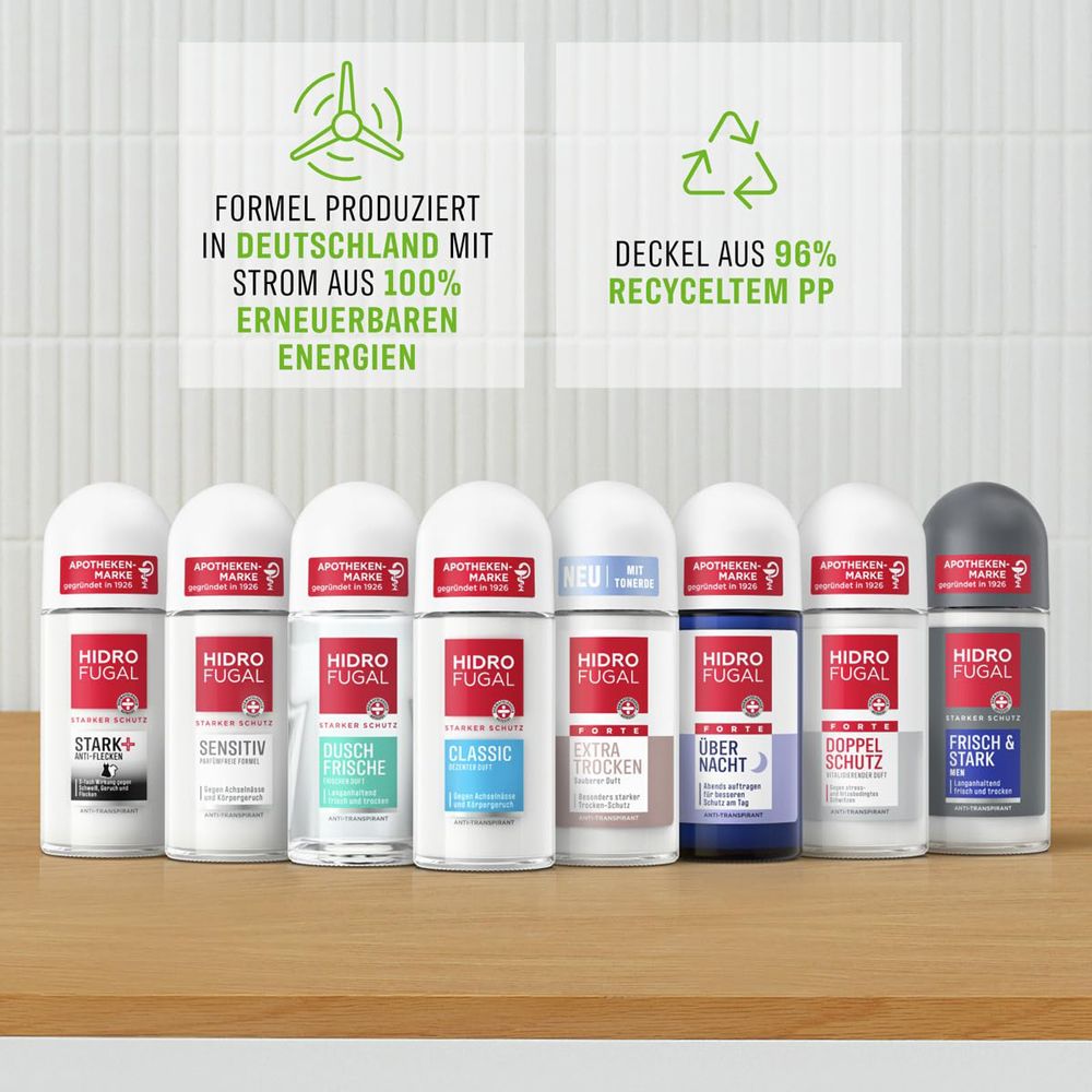 Gamme de déodorants roll-on Hidrofugal, dont Forte Über Nacht, avec symboles de durabilité.