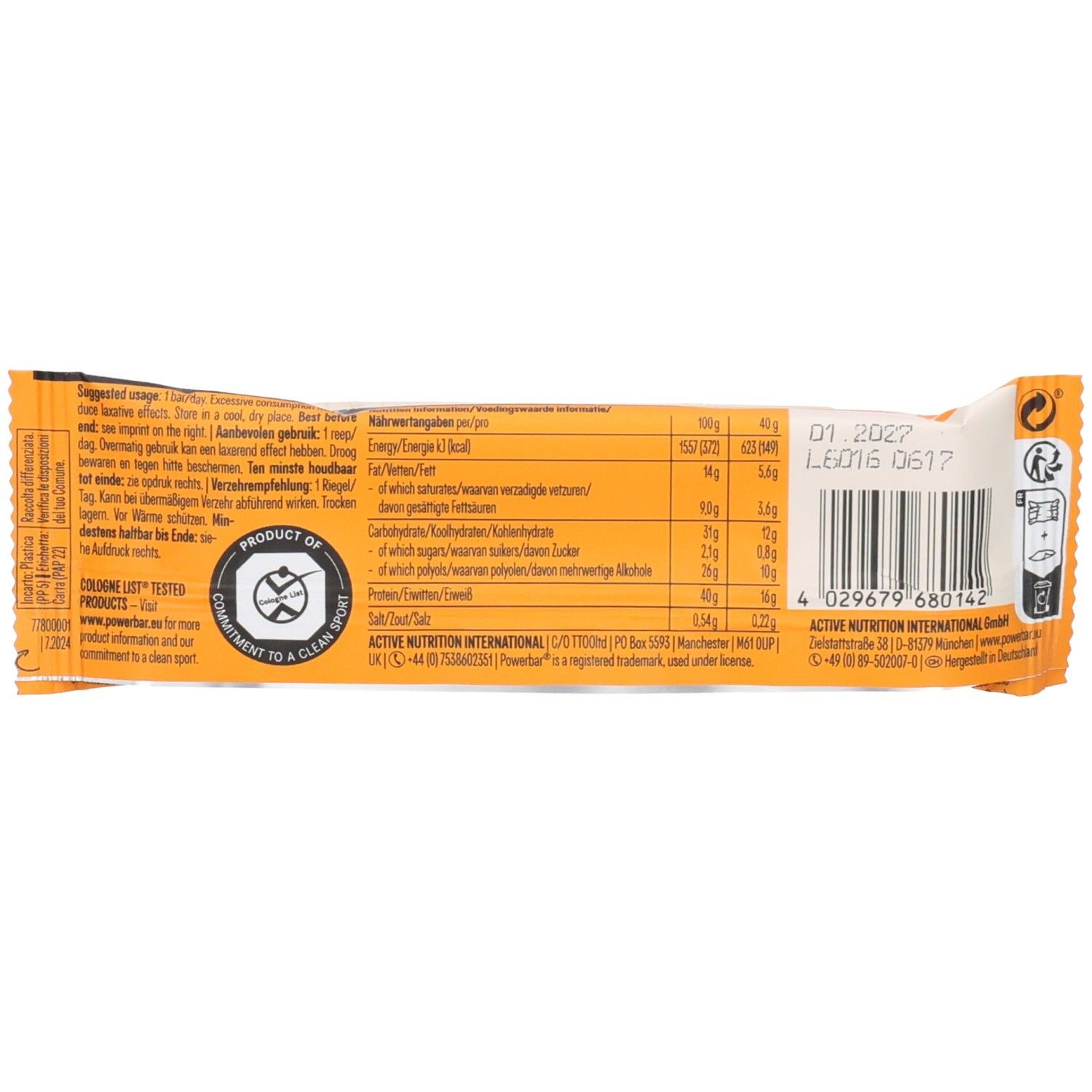 Rückseite der Proteinriegel-Verpackung. Orangefarbener Hintergrund mit Nährwertangaben und Herstellerinformationen.
