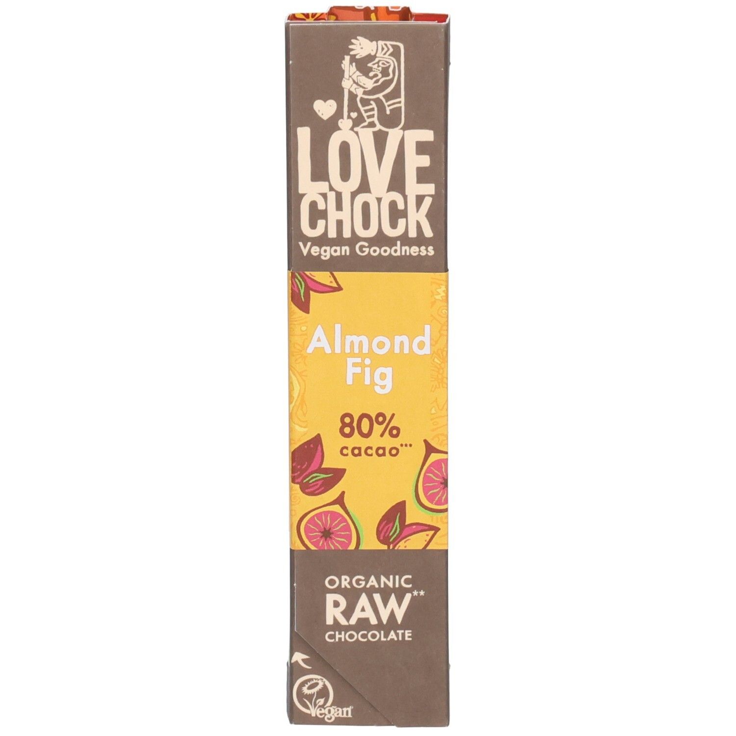 Schokoriegel mit gelber Banderole. Aufschrift: Lovechock, Almond Fig, 80% Cacao. Vegan-Siegel. Braune Verpackung.