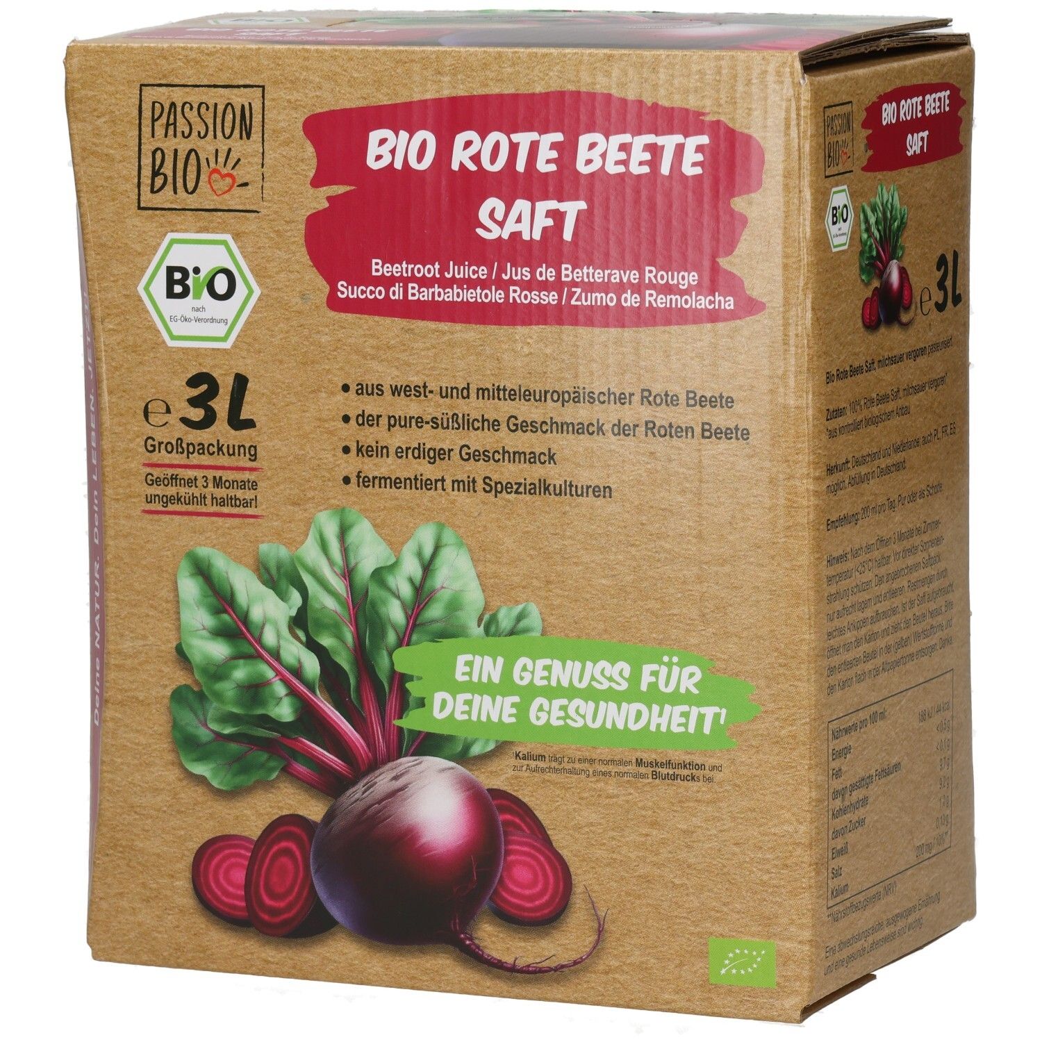 Jus de betterave rouge bio 3L BiB. Carton avec illustration de betteraves et feuilles. Texte : Bio, 3L, Un plaisir pour votre santé.
