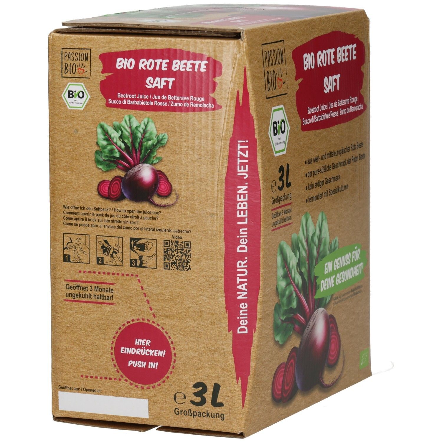 Dos du carton de jus de betterave rouge bio 3L BiB. Contient des instructions, un code QR et le texte : Votre nature. Votre vie. Maintenant ! 3L grand format.