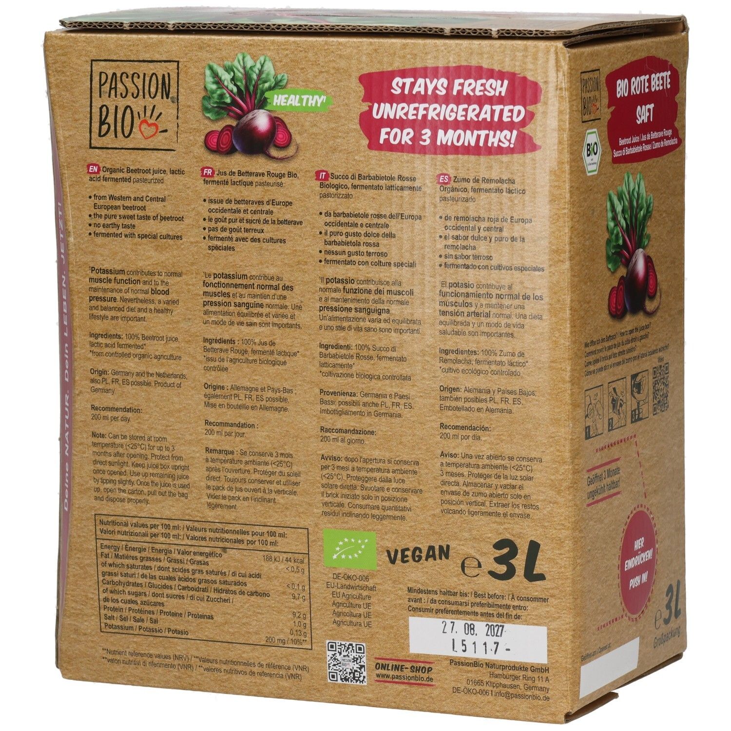 Dos du carton de jus de betterave rouge bio 3L BiB. Contient des informations nutritionnelles, des ingrédients, le label Vegan et le texte : 3L, 27.08.2027.