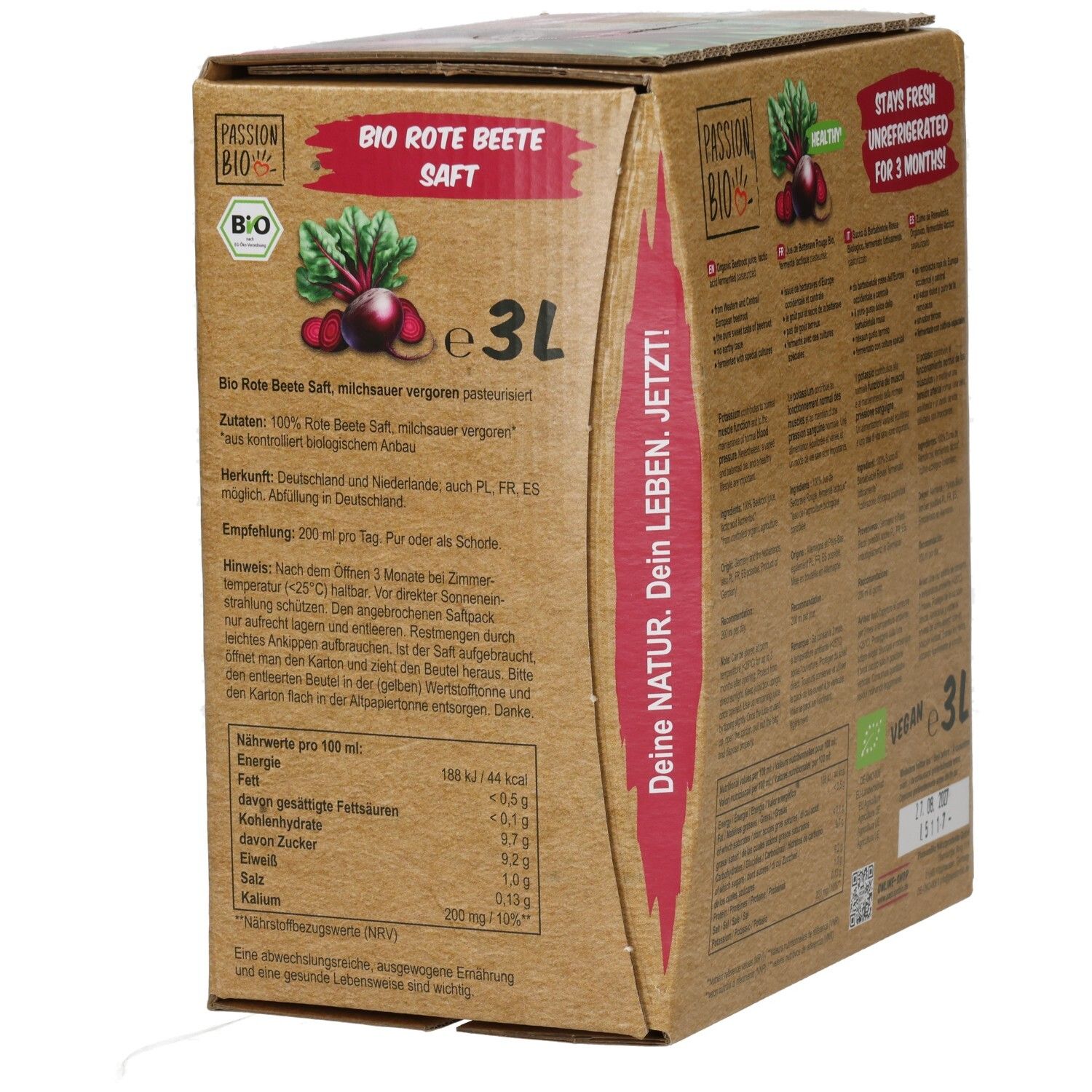 Côté du carton de jus de betterave rouge bio 3L BiB. Contient le texte : Jus de betterave rouge bio, 3L, grand format, et les valeurs nutritionnelles pour 100 ml.