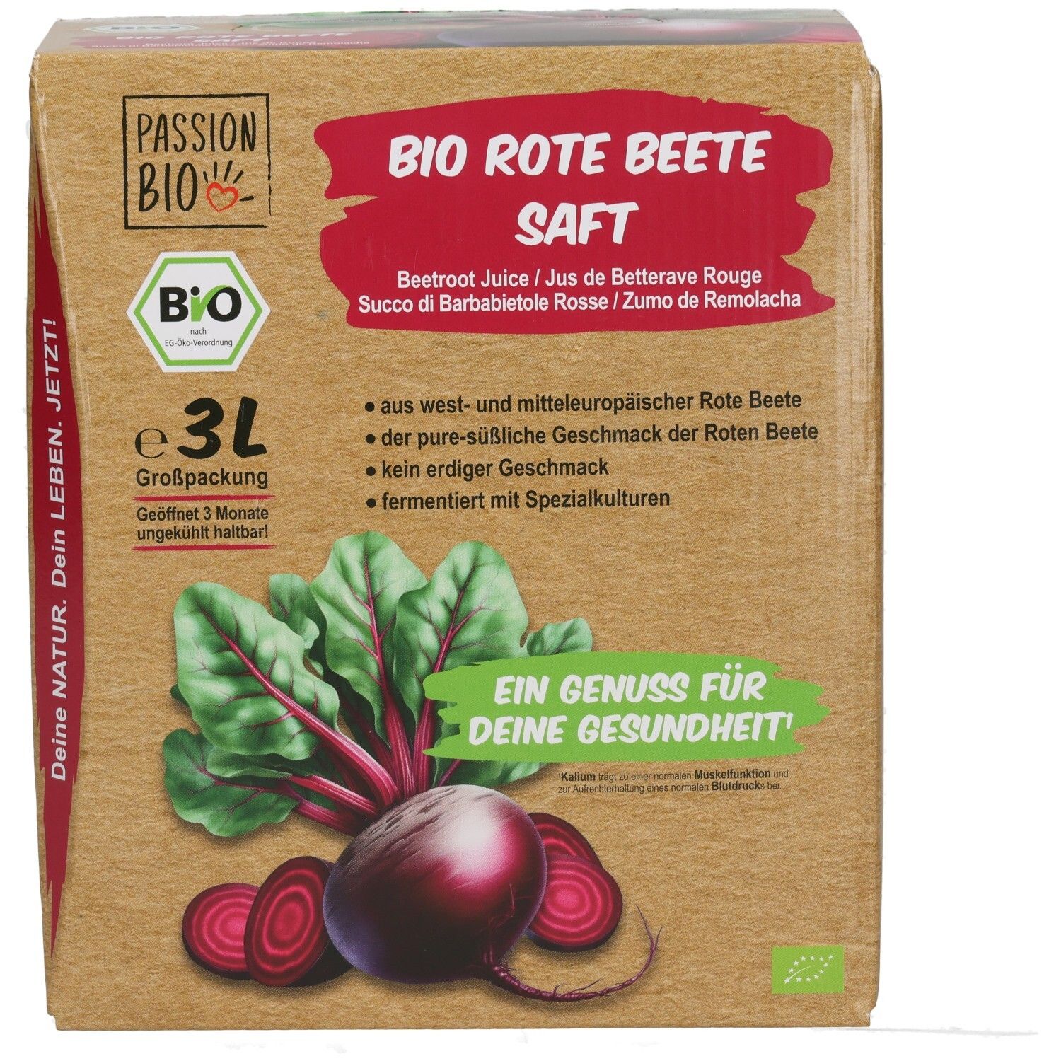Jus de betterave rouge bio 3L BiB. Carton avec illustration de betteraves et feuilles. Texte : Bio, 3L, Un plaisir pour votre santé.