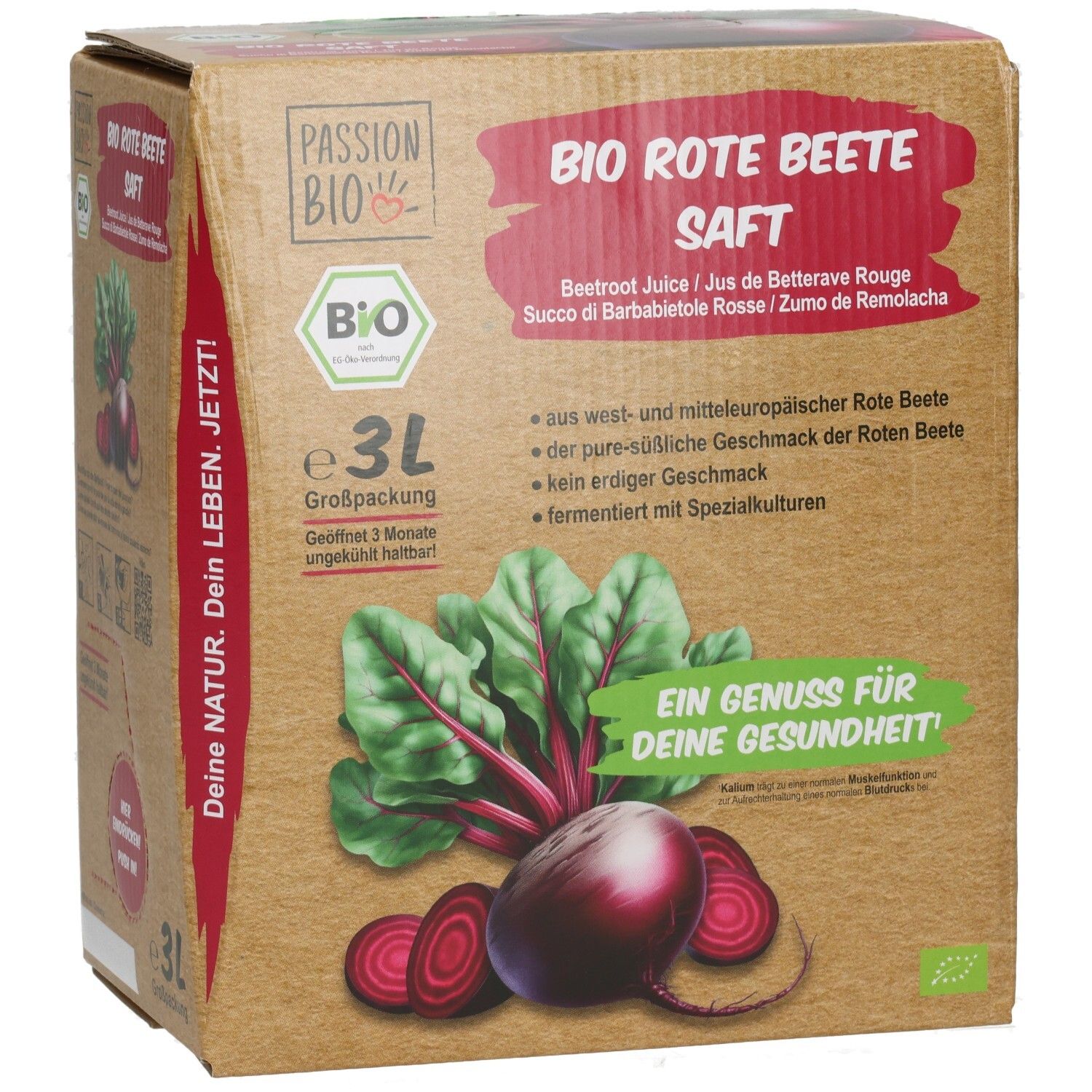 Jus de betterave rouge bio 3L BiB. Carton avec illustration de betteraves et feuilles. Texte : Bio, 3L, Un plaisir pour votre santé.