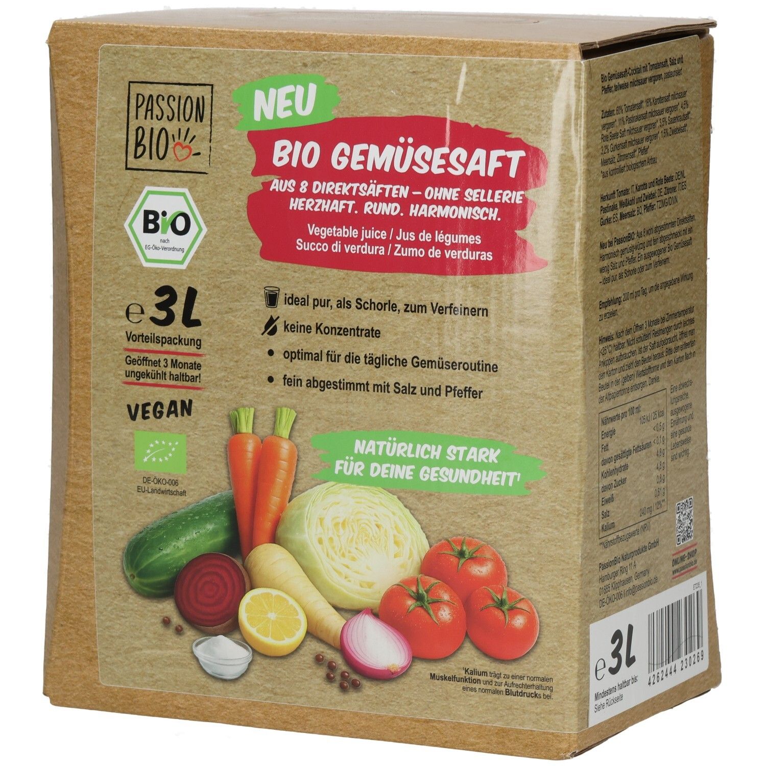 Pack de 3L de jus de légumes Passion Bio avec carottes, chou, tomates, concombre, betterave, citron et oignon.