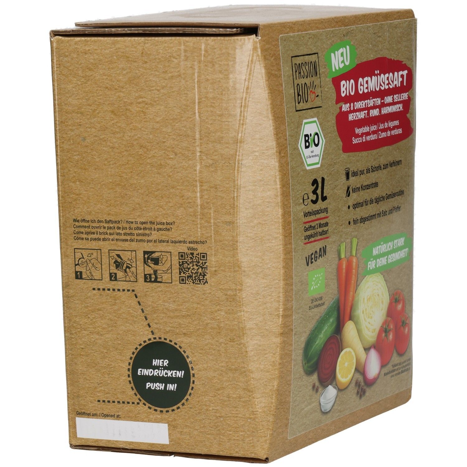 Arrière d'un pack de 3L de jus de légumes Passion Bio avec instructions d'ouverture et code QR.