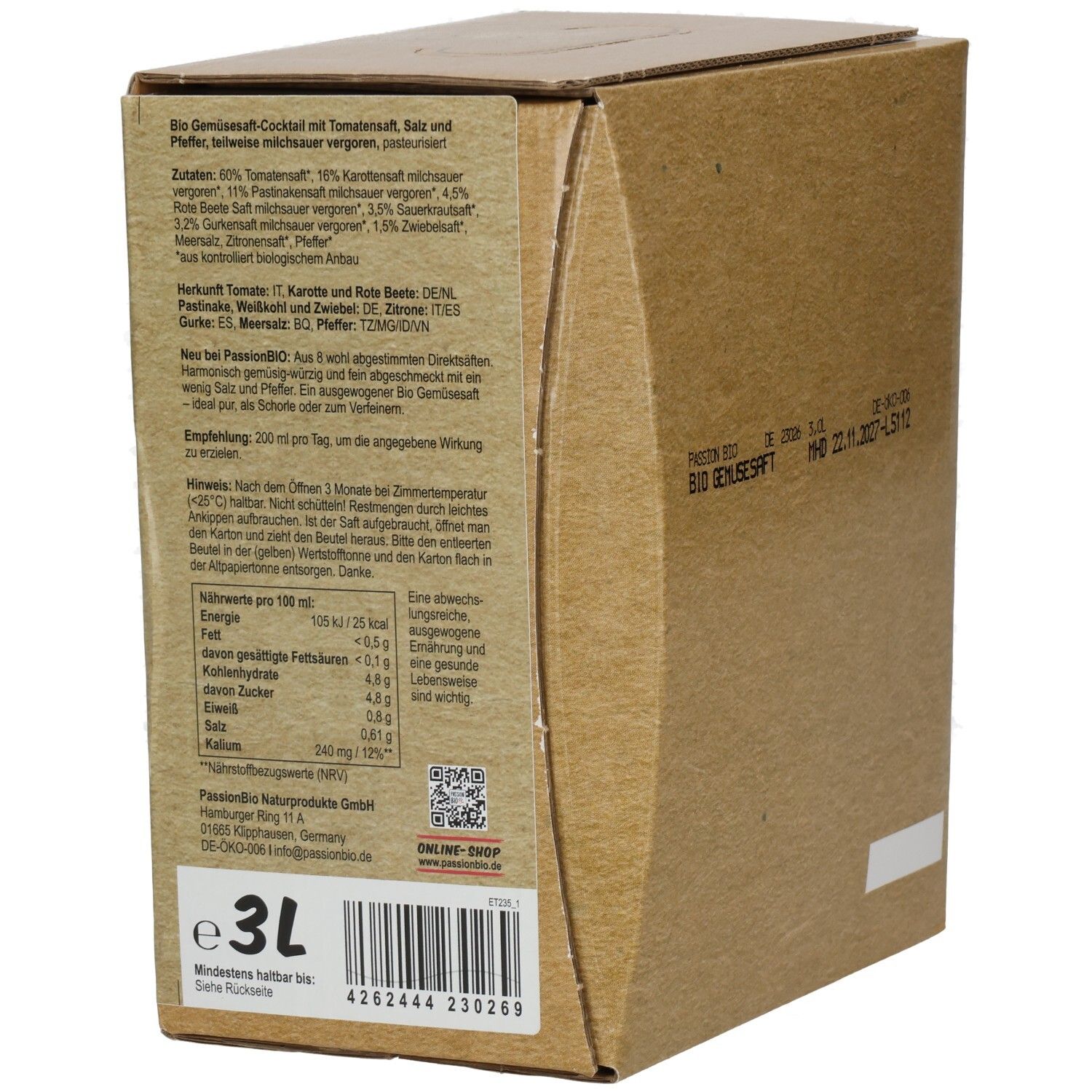 Arrière d'un pack de 3L de jus de légumes Passion Bio avec liste des ingrédients et informations nutritionnelles.