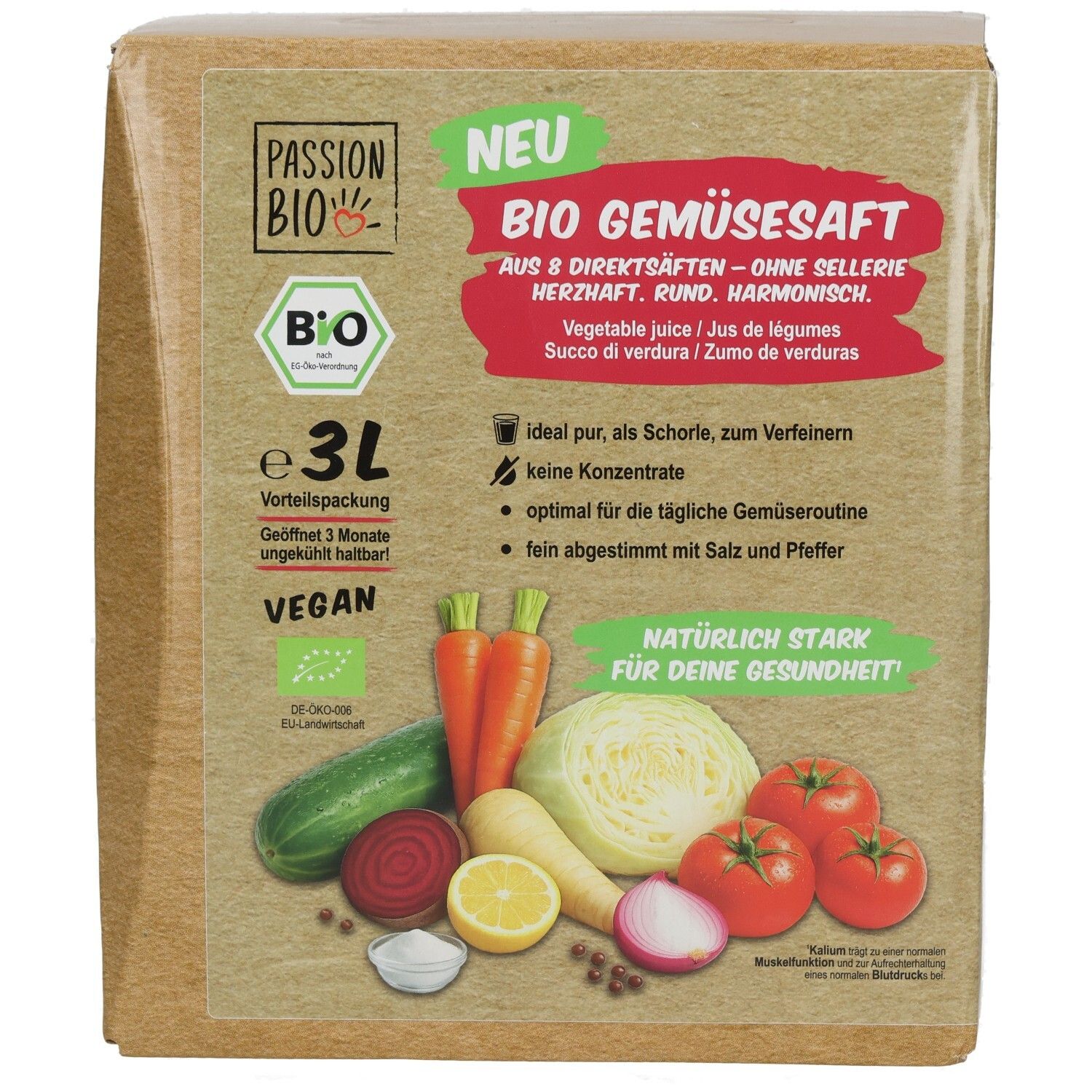 Avant d'un pack de 3L de jus de légumes Passion Bio avec sceaux et illustrations de légumes.