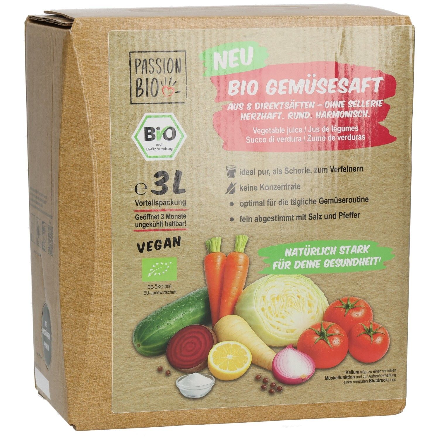 Pack de 3L de jus de légumes Passion Bio avec carottes, chou, tomates, concombre, betterave, citron et oignon.