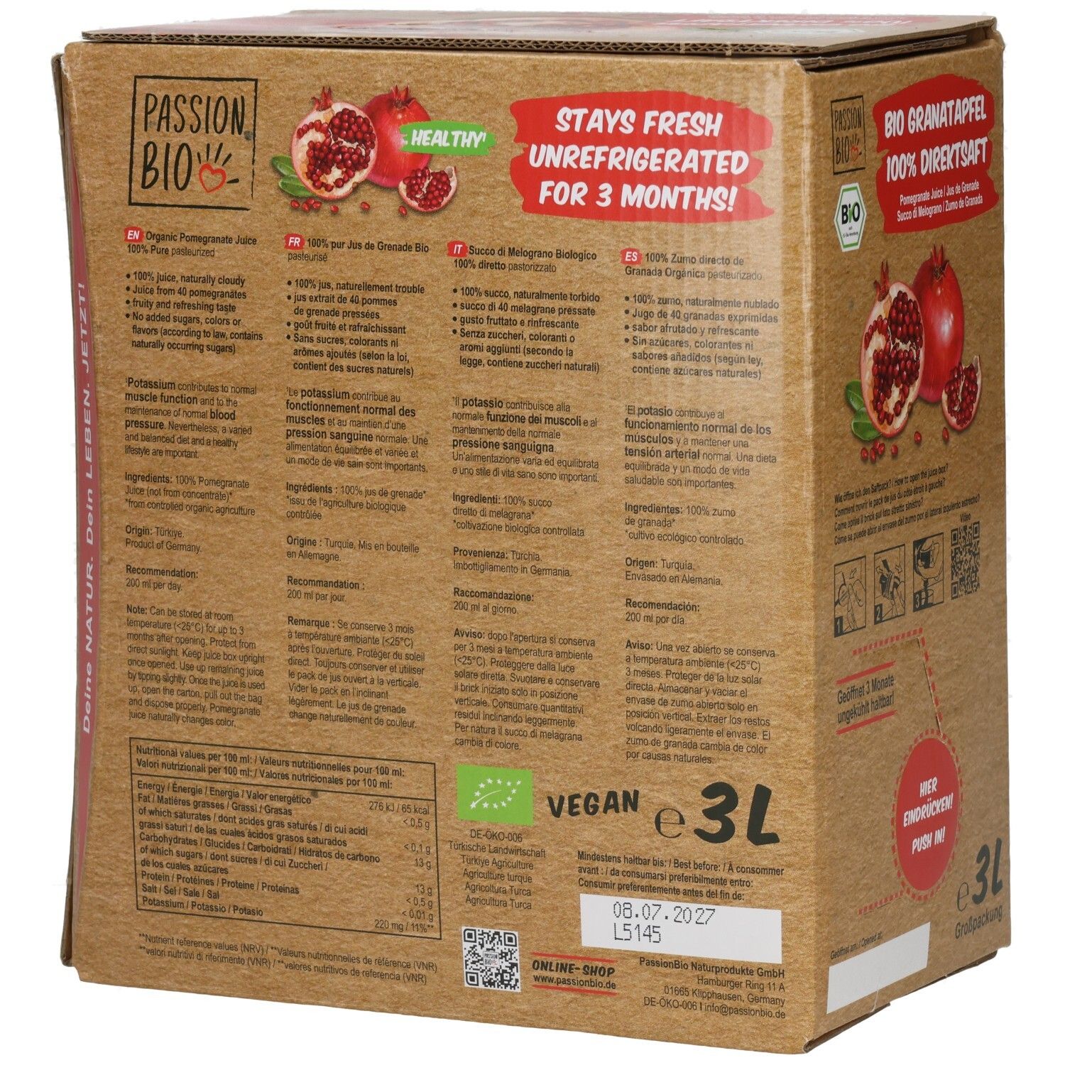Côté de l'emballage de 3L de jus de grenade BIO 100% pur avec informations nutritionnelles.