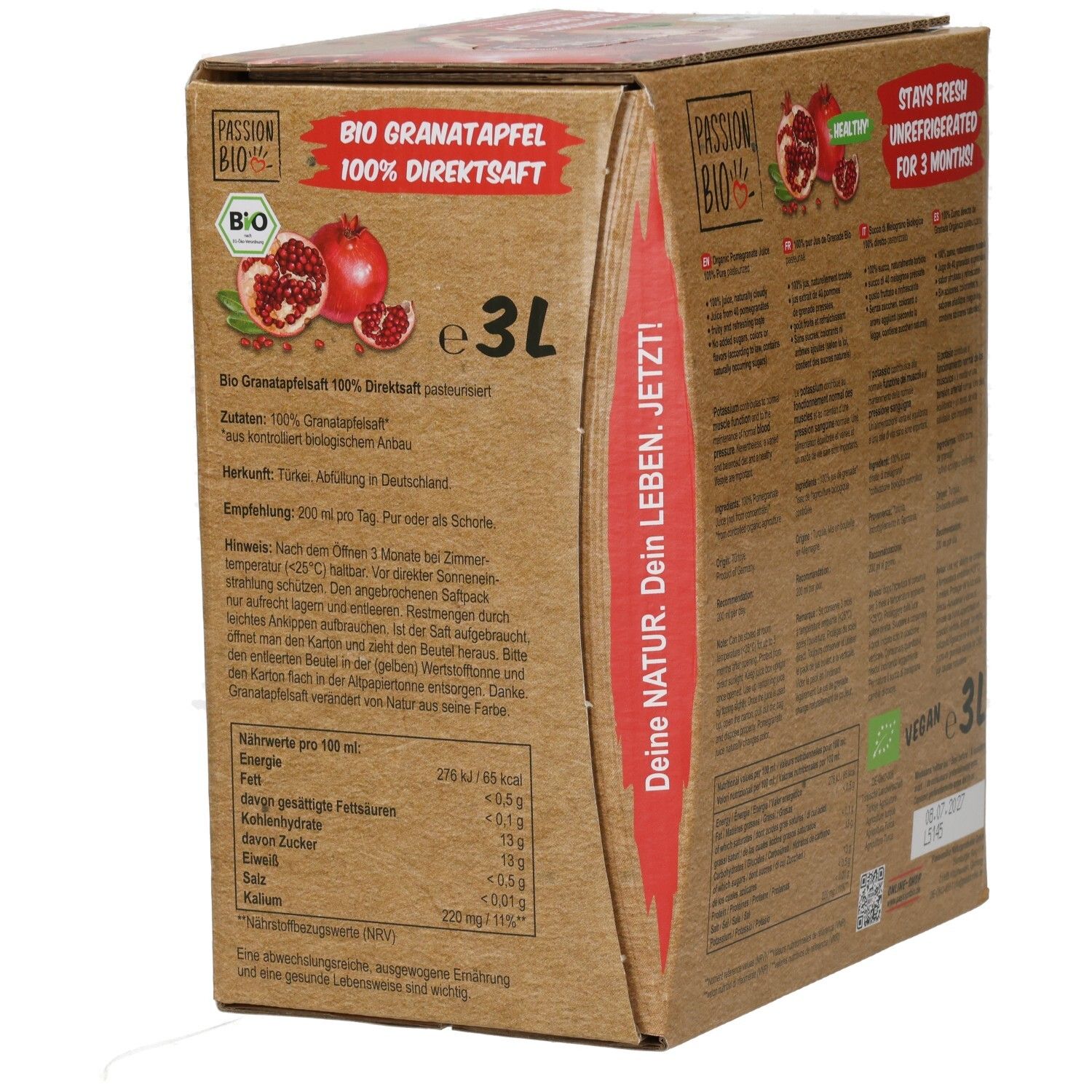 Vue latérale de l'emballage de 3L de jus de grenade BIO 100% pur avec informations nutritionnelles.