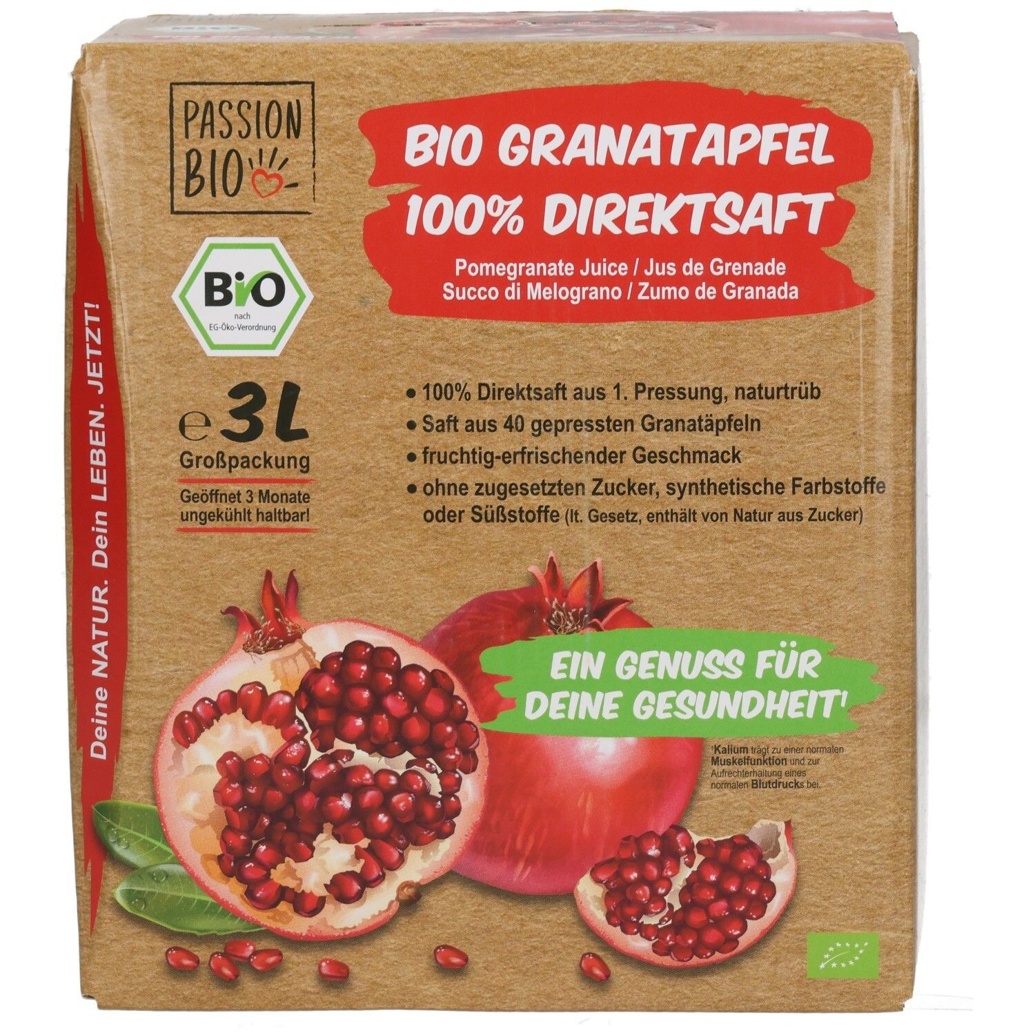 Avant de l'emballage de 3L de jus de grenade BIO 100% pur avec grenades et logos.