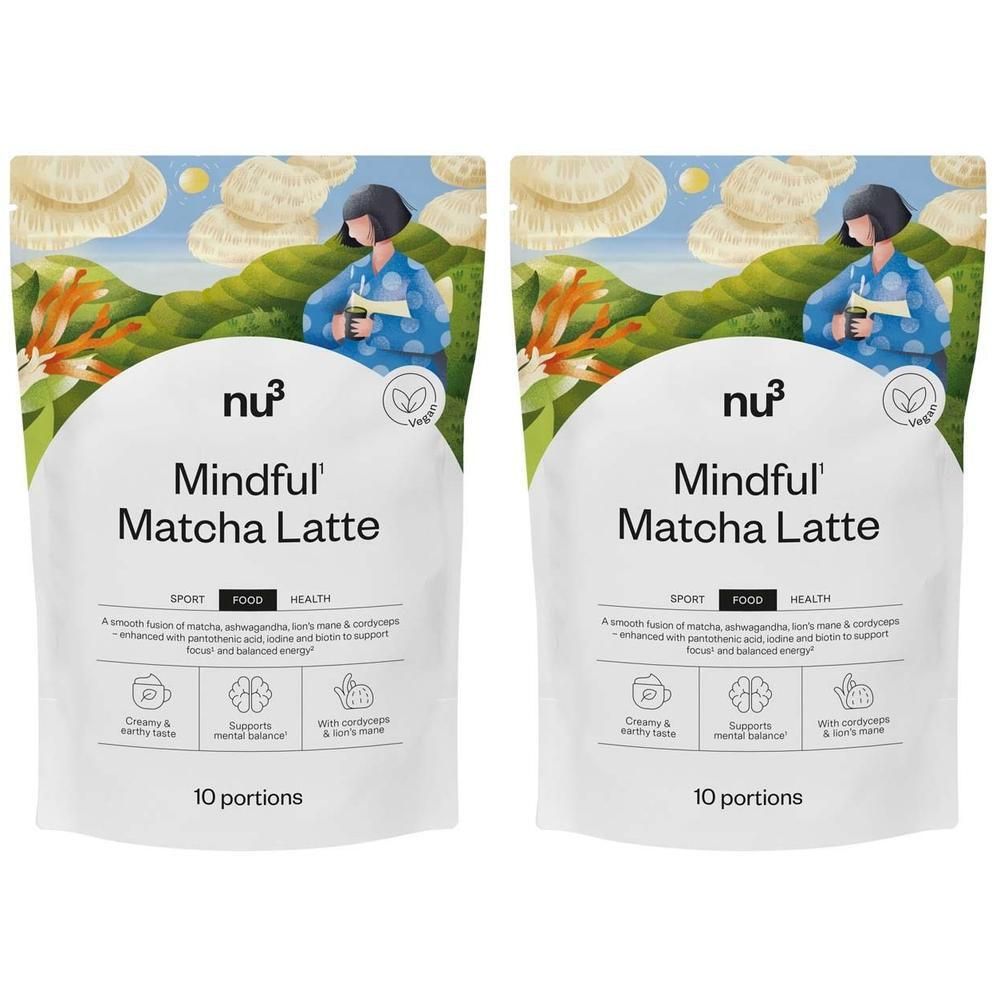 Deux sachets de nu3 Mindful Matcha Latte. Emballage blanc avec logo, nom du produit et illustration. 10 portions.
