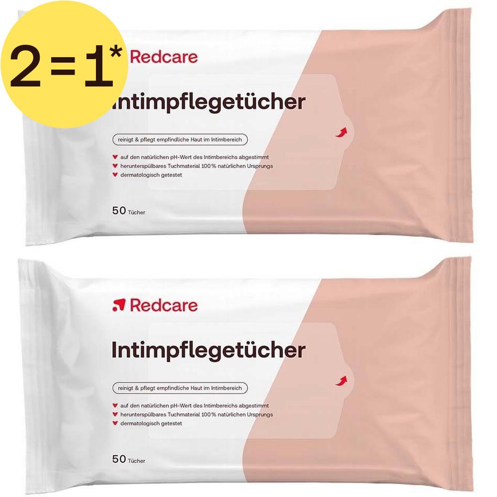 Deux paquets de lingettes intimes Redcare, 50 lingettes chacun.