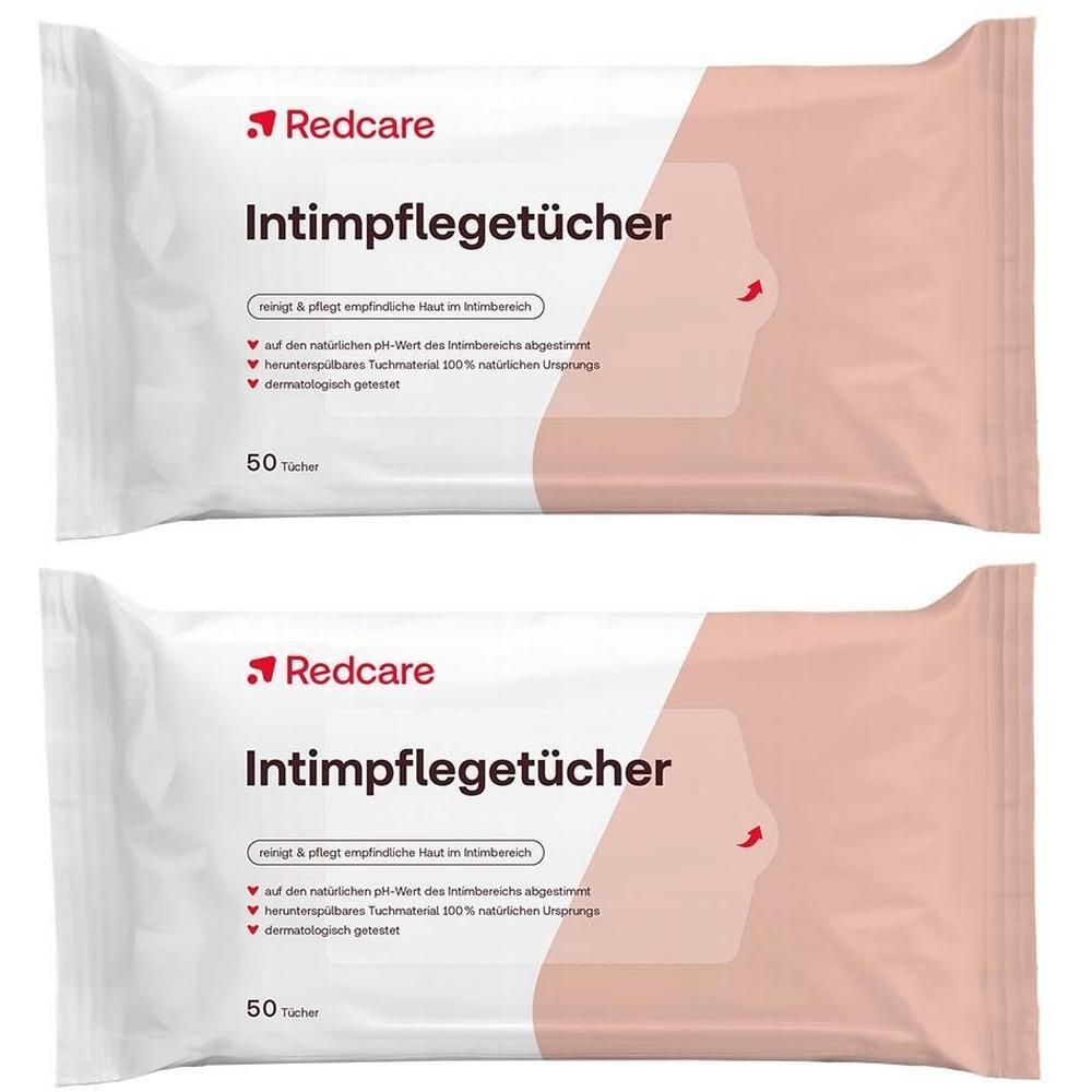 Zwei Packungen Intimpflegetücher. Weiße Verpackung mit rotem Logo und Produktbezeichnung. 50 Tücher pro Packung.