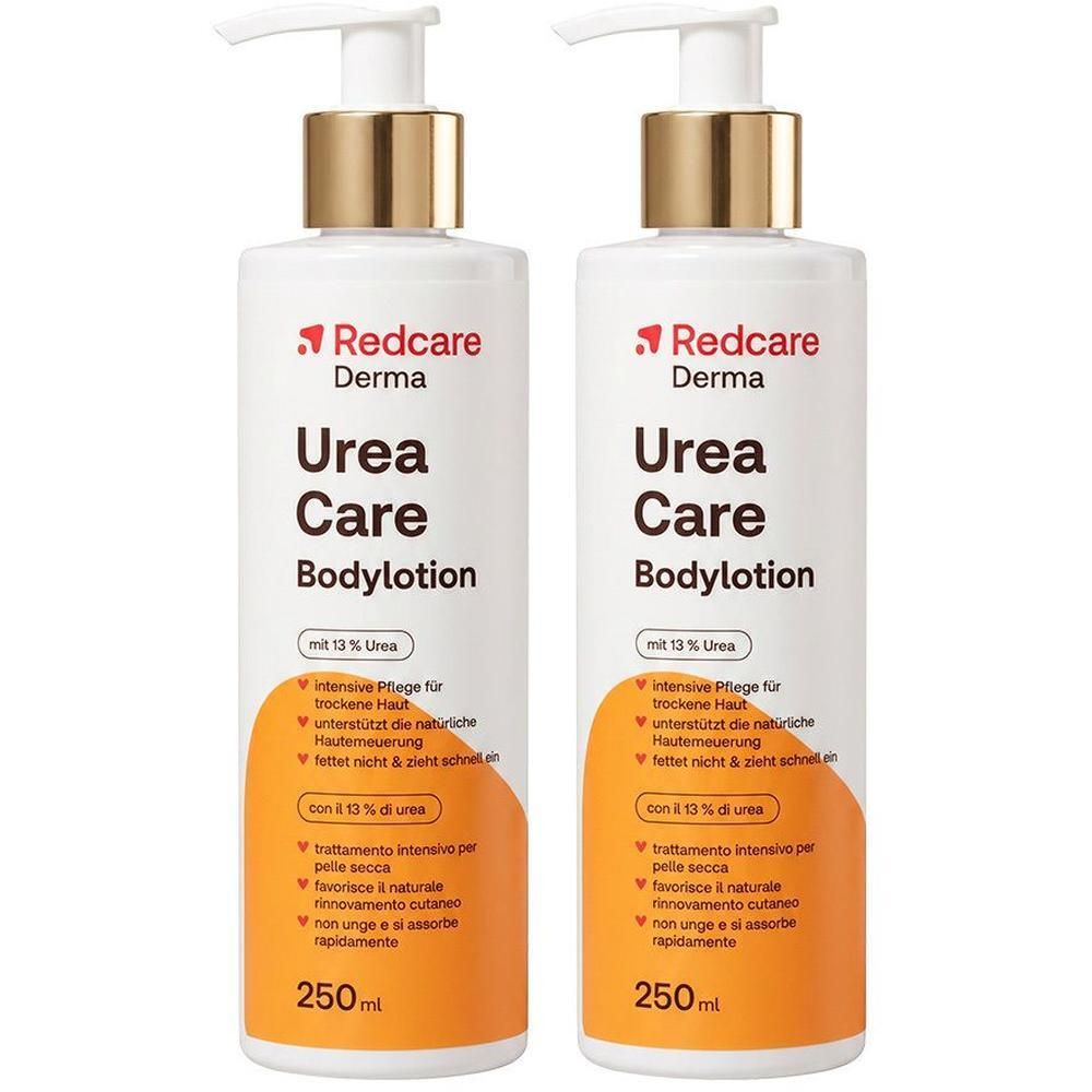 Zwei Flaschen Redcare Derma Urea Care Bodylotion mit Pumpspendern.