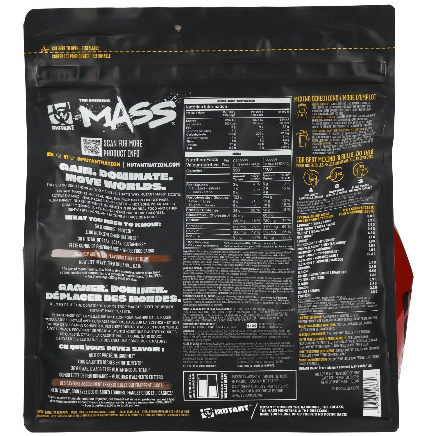 Rückseite eines Mutant Mass High Protein Shake Mix Beutels mit Nährwertangaben, Zubereitungshinweisen und Produktinformationen.