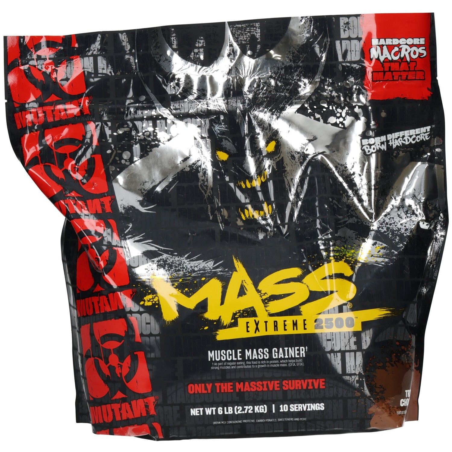 Mutant Mass Extreme 2500 Muskelmasse-Gainer, 6 lb Beutel. Vorderseite mit Monstergrafik und gelbem Schriftzug.