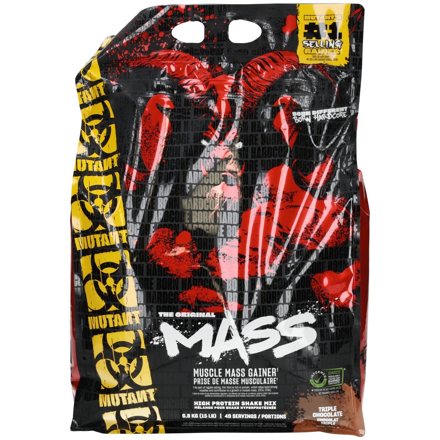 Schwarzer Beutel mit rotem und gelbem Design, "Mutant Mass" Aufschrift, Muskel-Masse-Gainer.