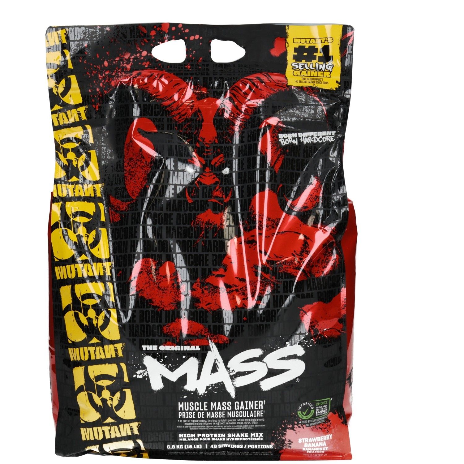Schwarzer Beutel mit rotem und gelbem Design. Zeigt "The Original MASS Muscle Mass Gainer" und "High Protein Shake Mix".