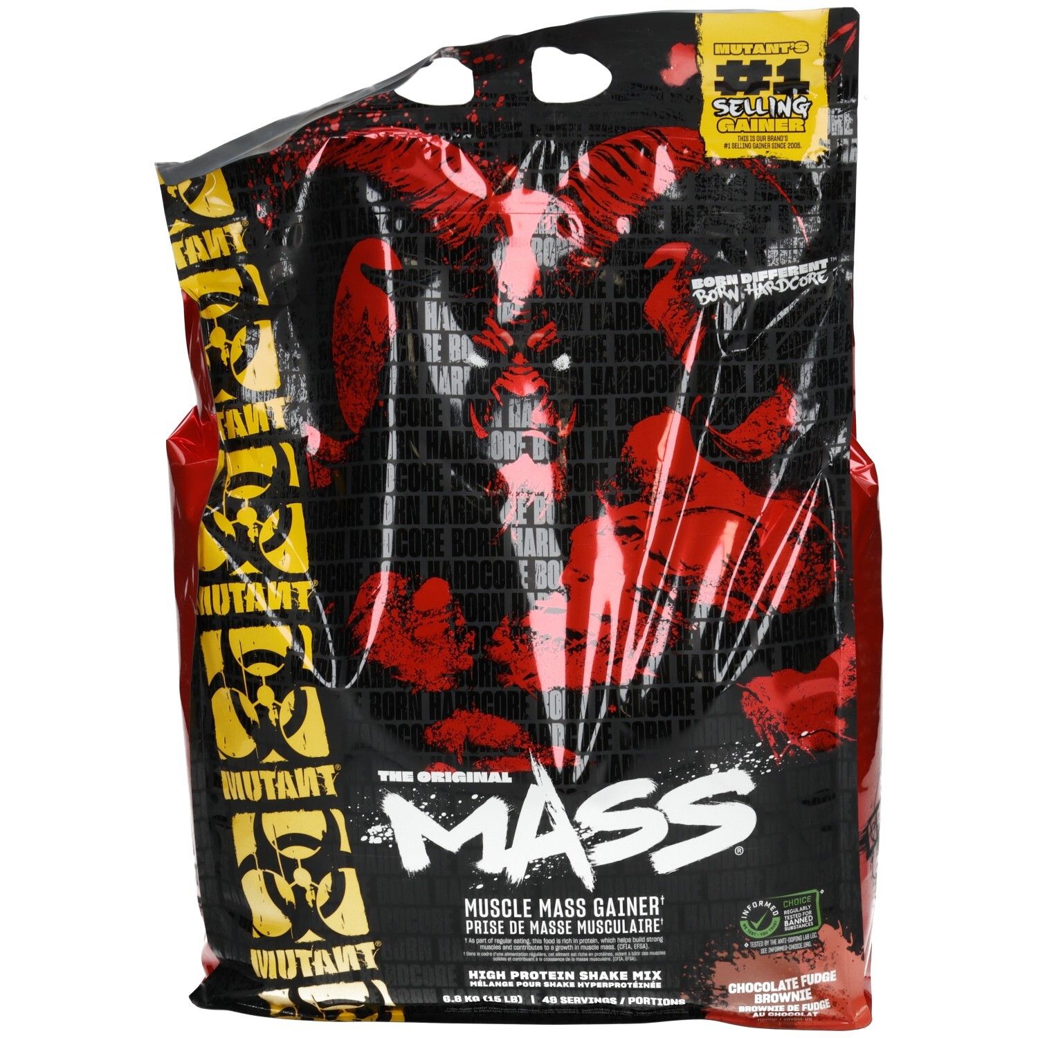 Sac noir avec un design rouge et jaune. Présente un visage musclé et le nom de la marque "MUTANT MASS".