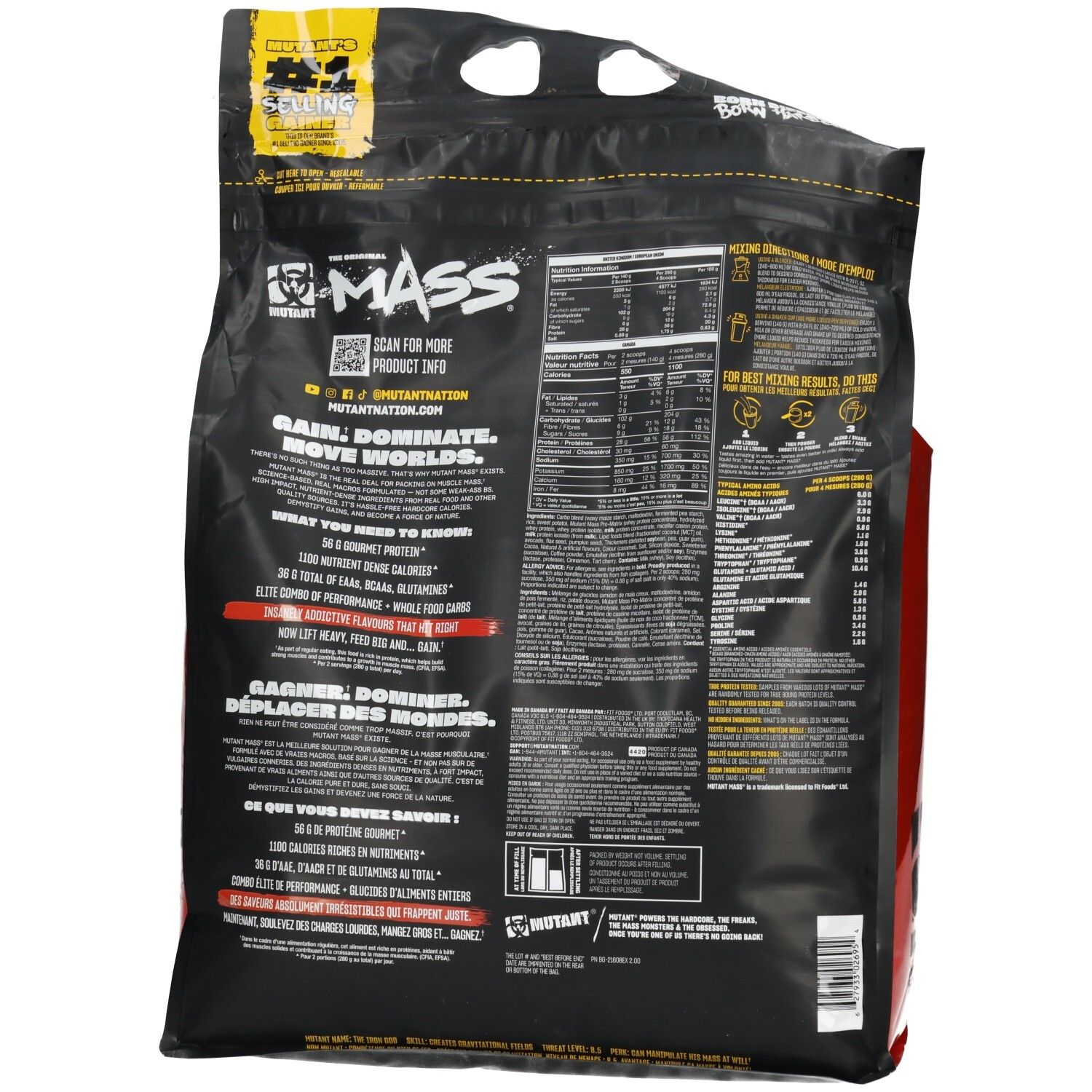 Arrière d'un sac noir avec des informations et des instructions. Comprend le nom de la marque "MUTANT MASS".