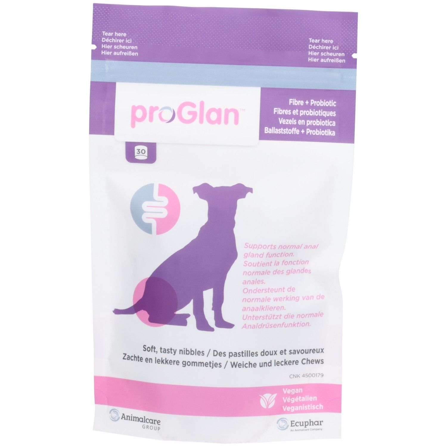 Beutel mit Pro Glan 30 Chews. Lila Hundesilhouette. Text: Fibre + Probiotic, weiche, schmackhafte Leckerlis. Vegan.