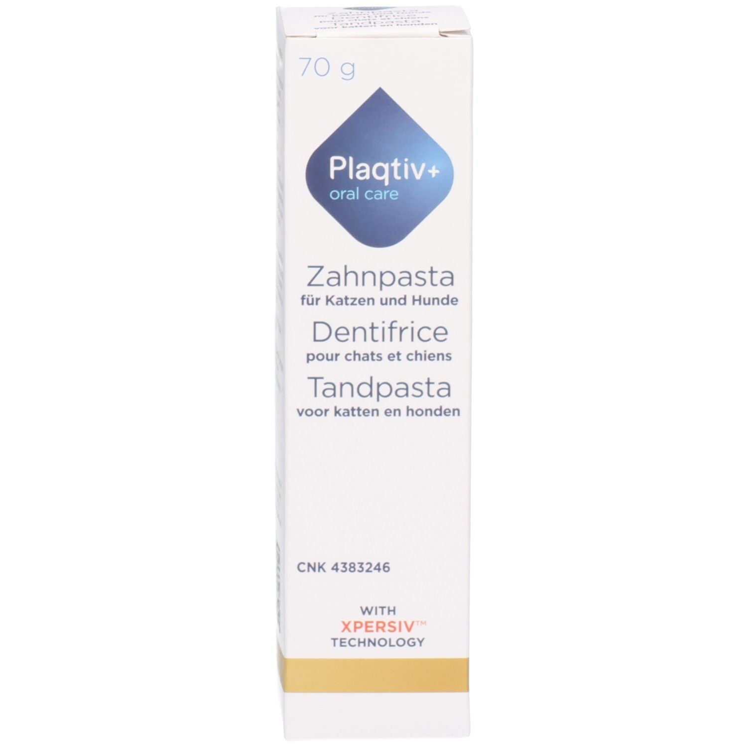 Faltschachtel der Plaqtiv+ Zahnpasta für Tiere, 70g, mit Xpersiv Technologie und CNK Nummer.