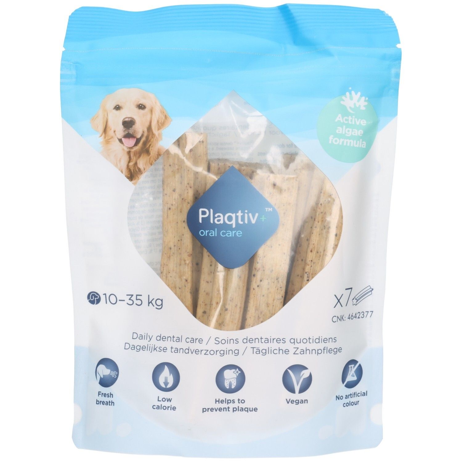 Beutel mit Plaqtiv+ Sticks Medium. Sichtfenster zeigt sieben Sticks. Aufdrucke: "Active algae formula", "10-35 kg", Logos.