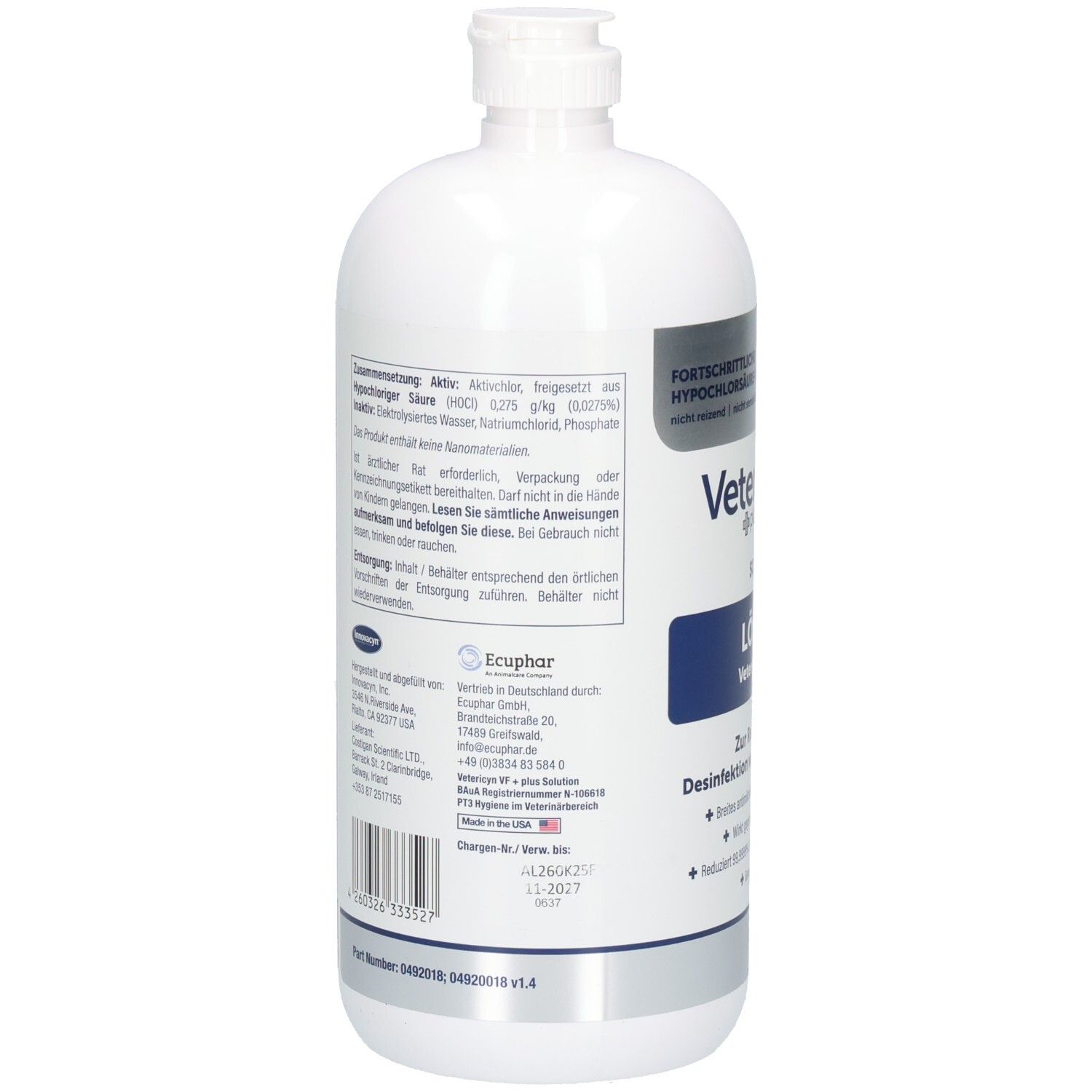 Rückseite der weißen Flasche. Text über Inhaltsstoffe, Anwendung und Warnhinweise. Barcode und Herstellerinformationen.