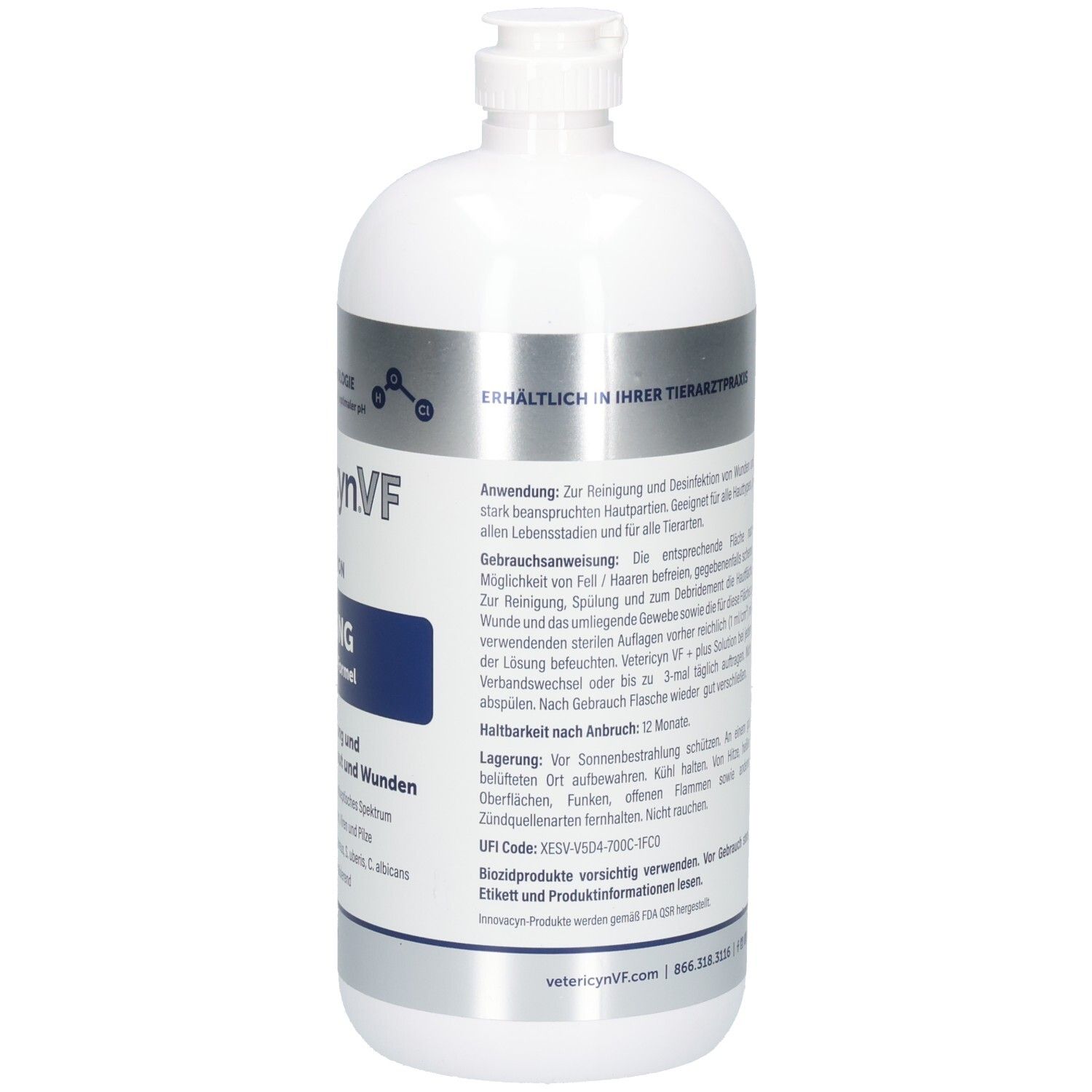 Weiße Flasche, Detailansicht der Rückseite. Text über Anwendung, Haltbarkeit und Lagerung.