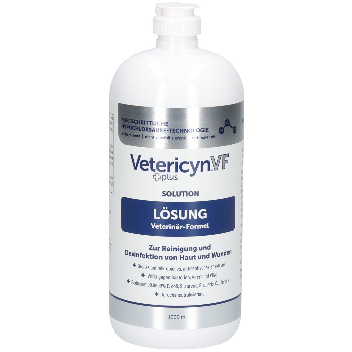 Weiße Flasche mit Vetericyn VF plus Lösung. Blaue Etiketten mit Text. 1000 ml. Hypochlorsäure-Technologie.