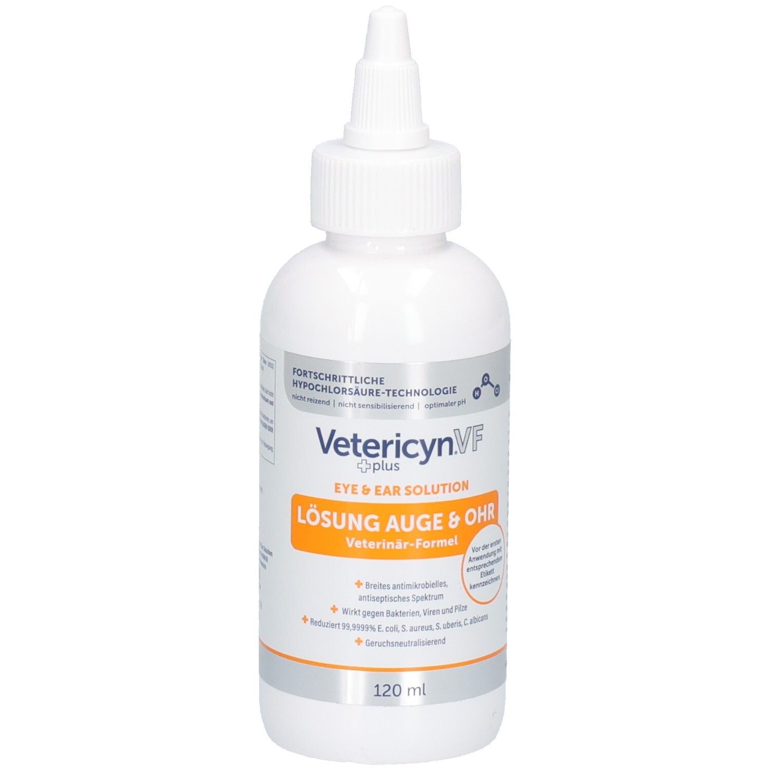 Weiße Flasche mit Vetericyn VF Plus Augen- und Ohrreiniger, 120 ml.