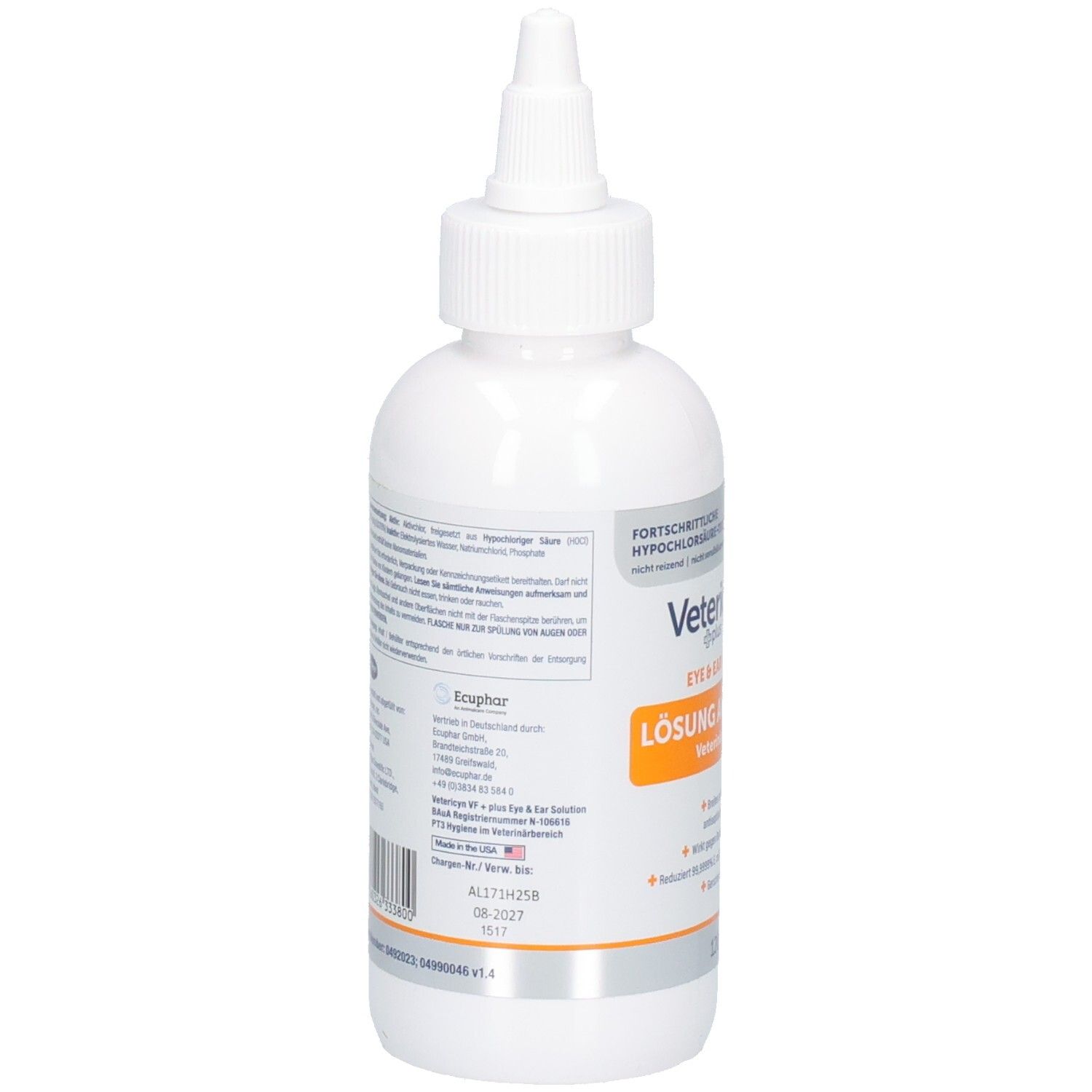 Rückseite der Vetericyn VF Plus Flasche mit Anwendungshinweisen und Produktinformationen.