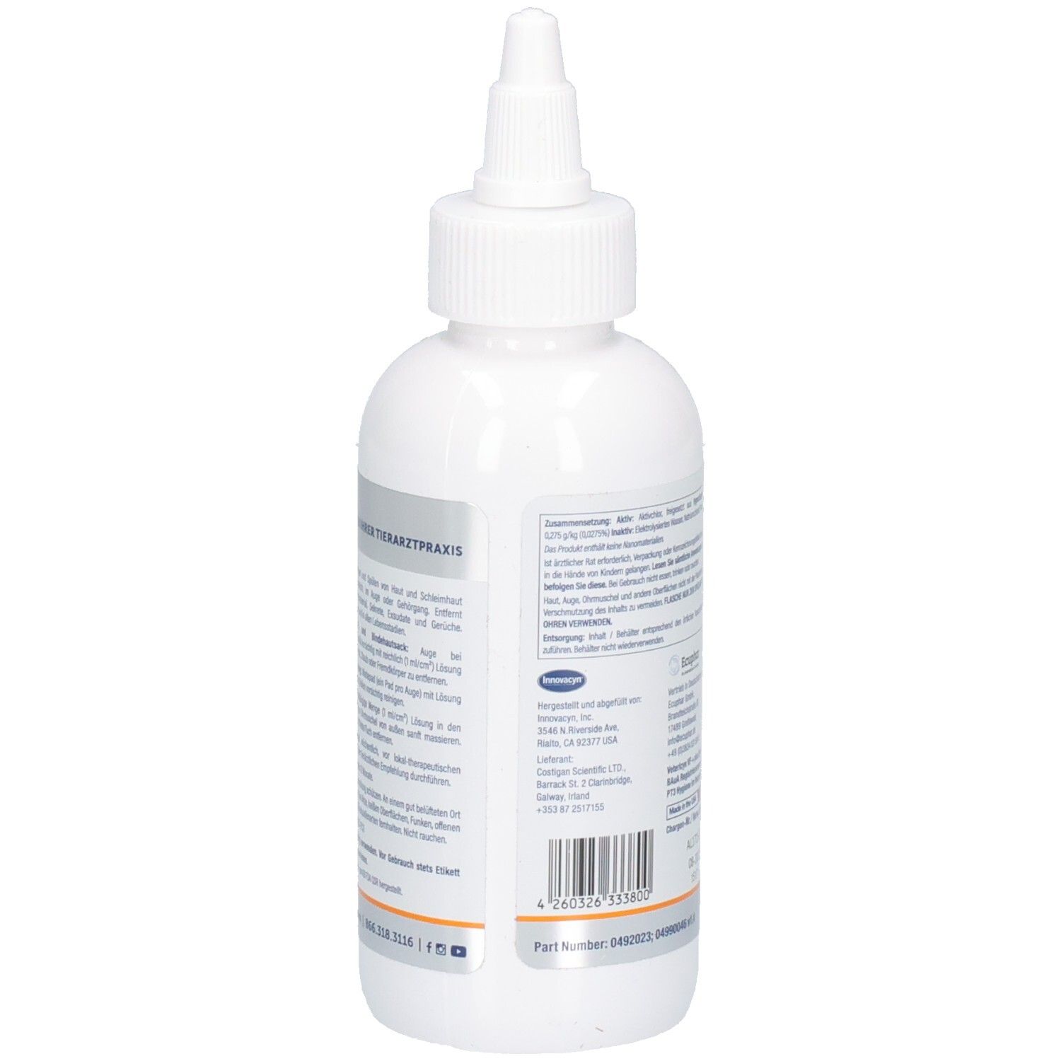 Seitenansicht der Vetericyn VF Plus Flasche mit detaillierten Produktinformationen auf dem Etikett.
