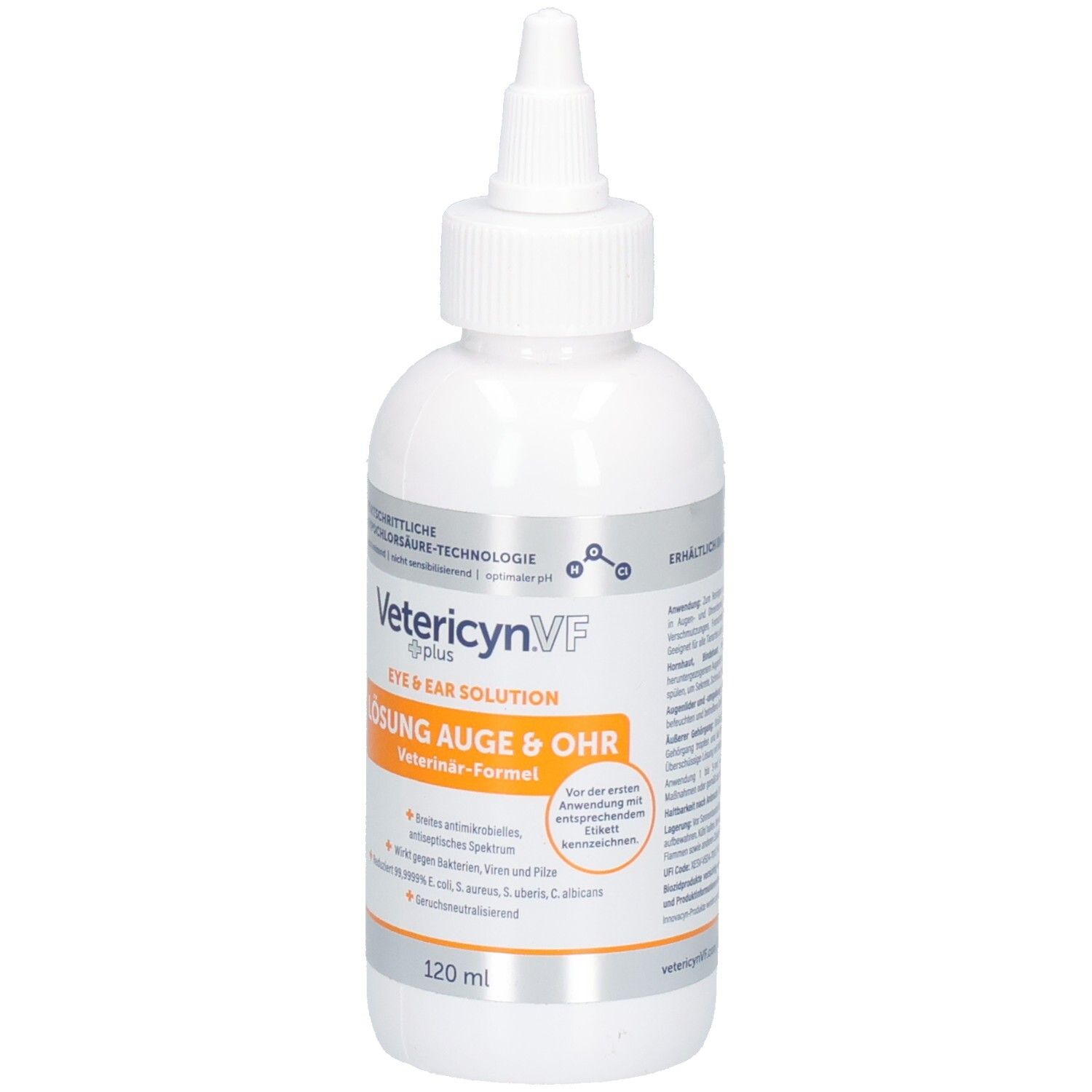 Vorderansicht der Vetericyn VF Plus Flasche, Lösung Auge & Ohr, 120 ml.