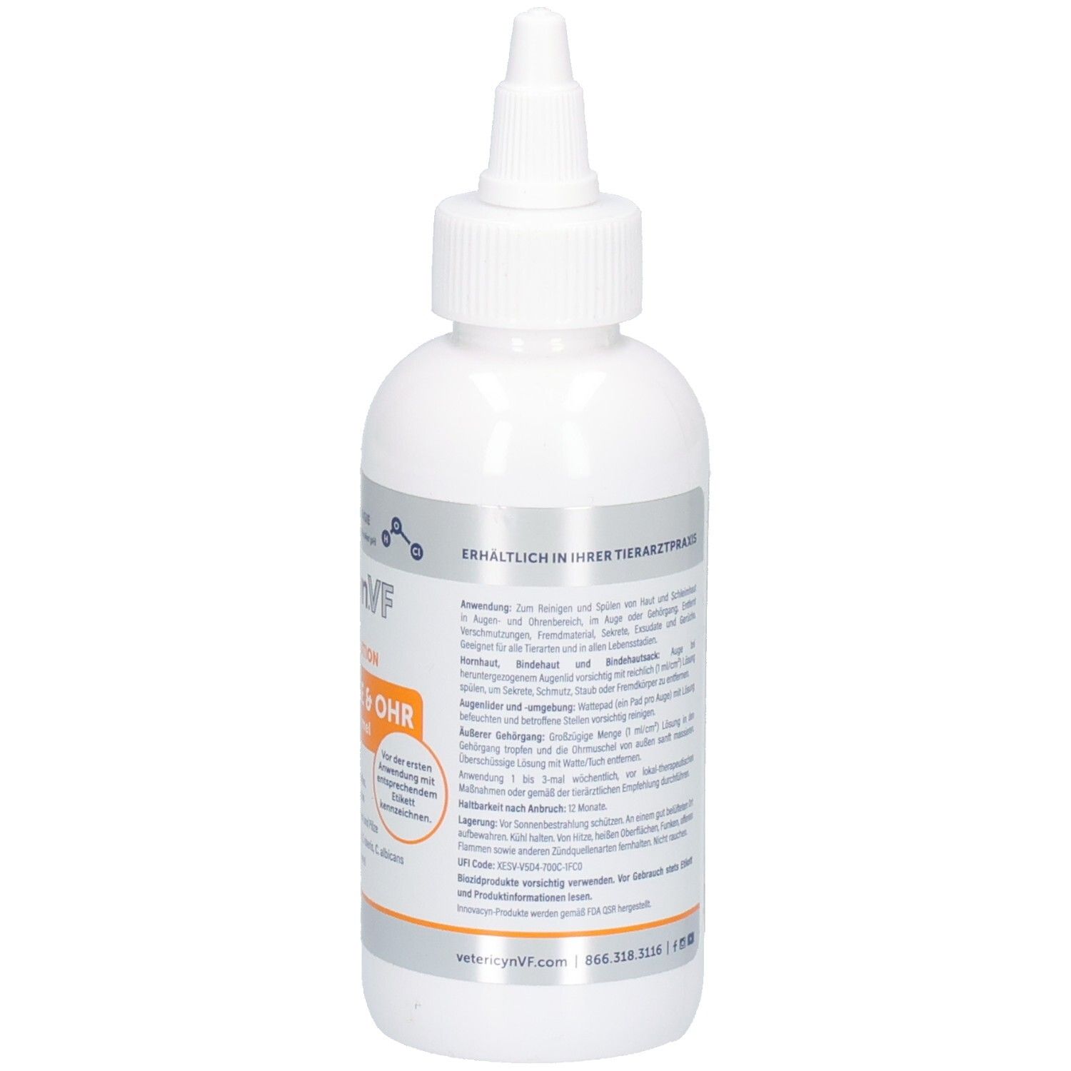 Rückseite der Vetericyn VF Plus Flasche mit Anwendungshinweisen und Barcode.