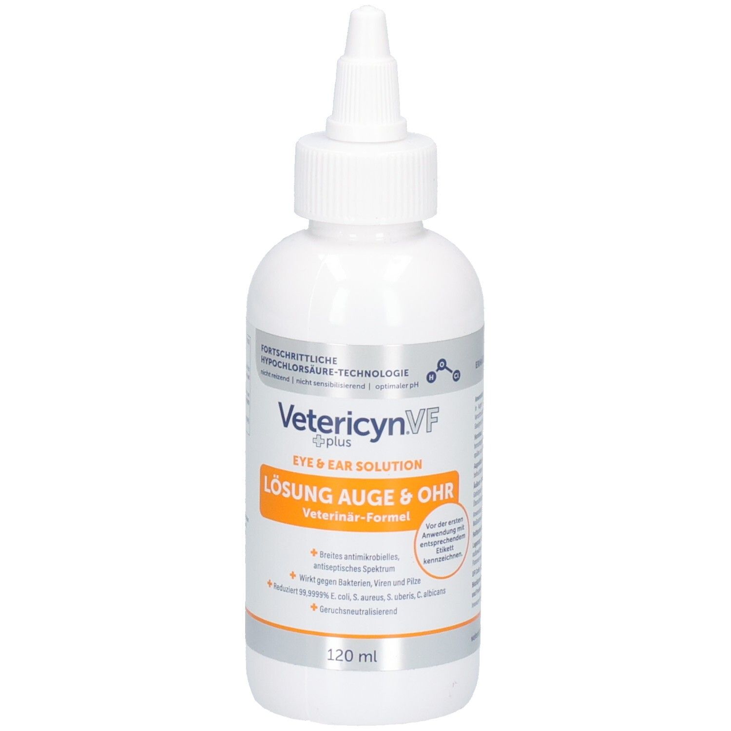 Vetericyn VF Plus Flasche, Lösung Auge & Ohr, mit detaillierten Anwendungshinweisen.