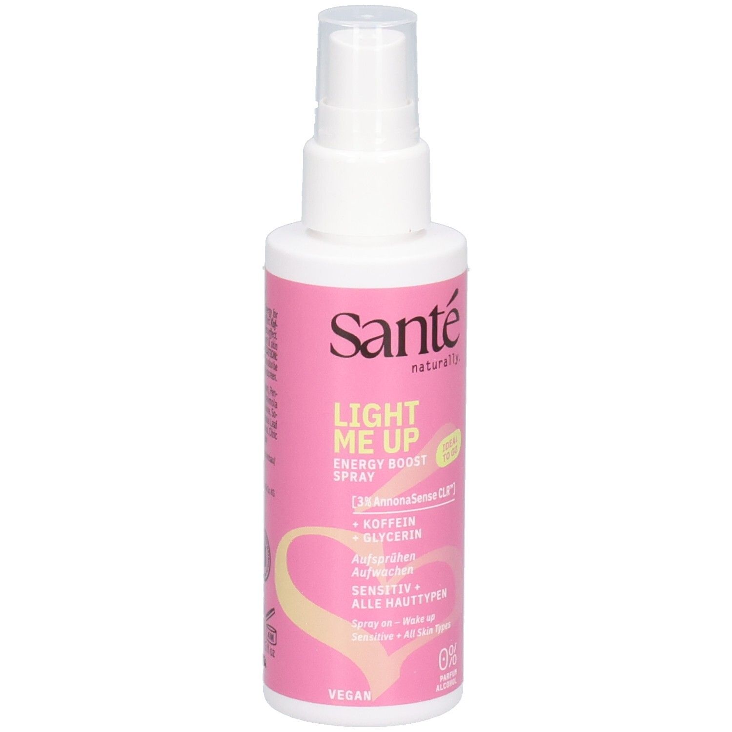 Flacon spray blanc avec étiquette rose. Texte: Sante, Light Me Up Energy Boost Spray, Vegan. Pour tous types de peau.